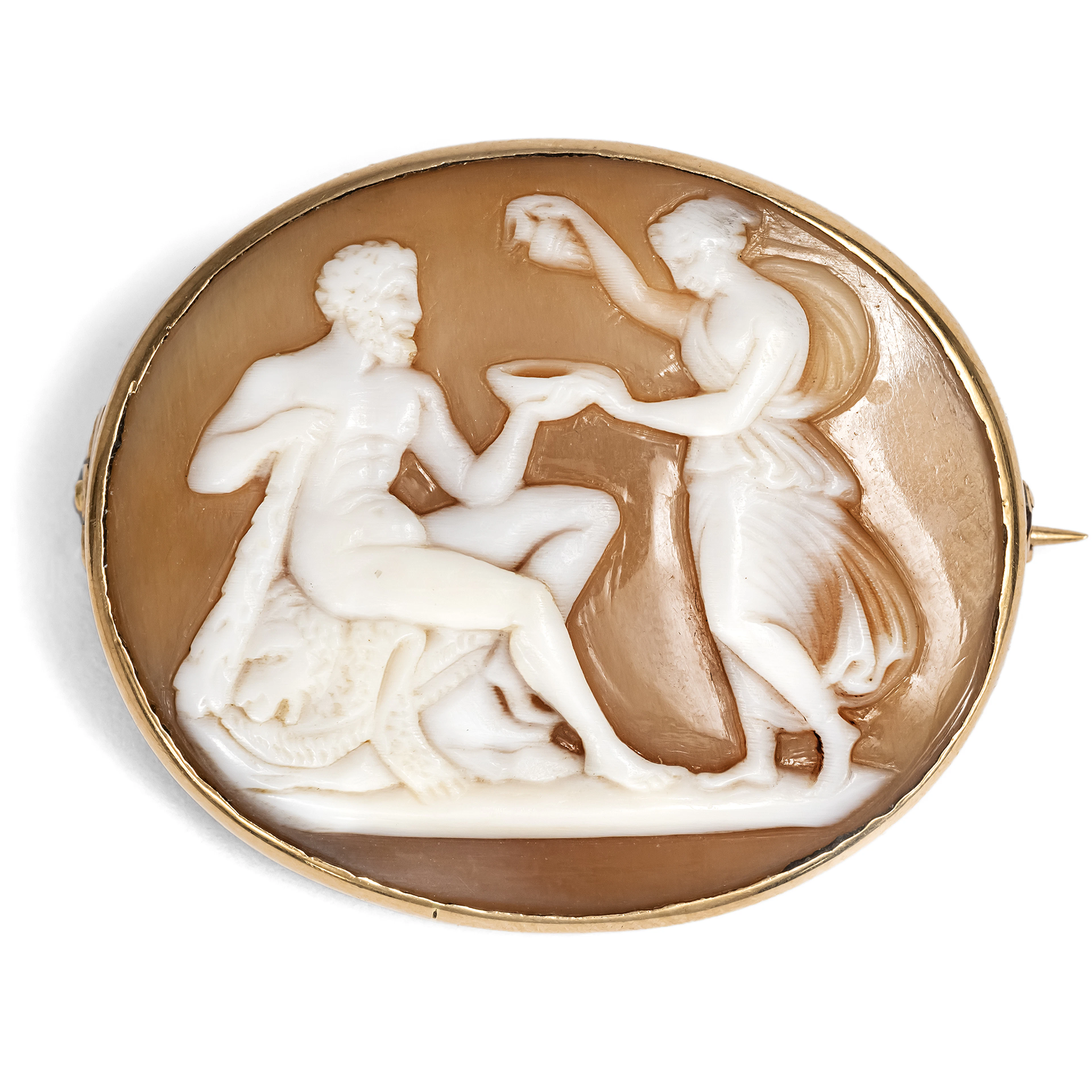 Small Shell Cameo Framed in Gold Depicting Hercules and Hebe, c. 1875