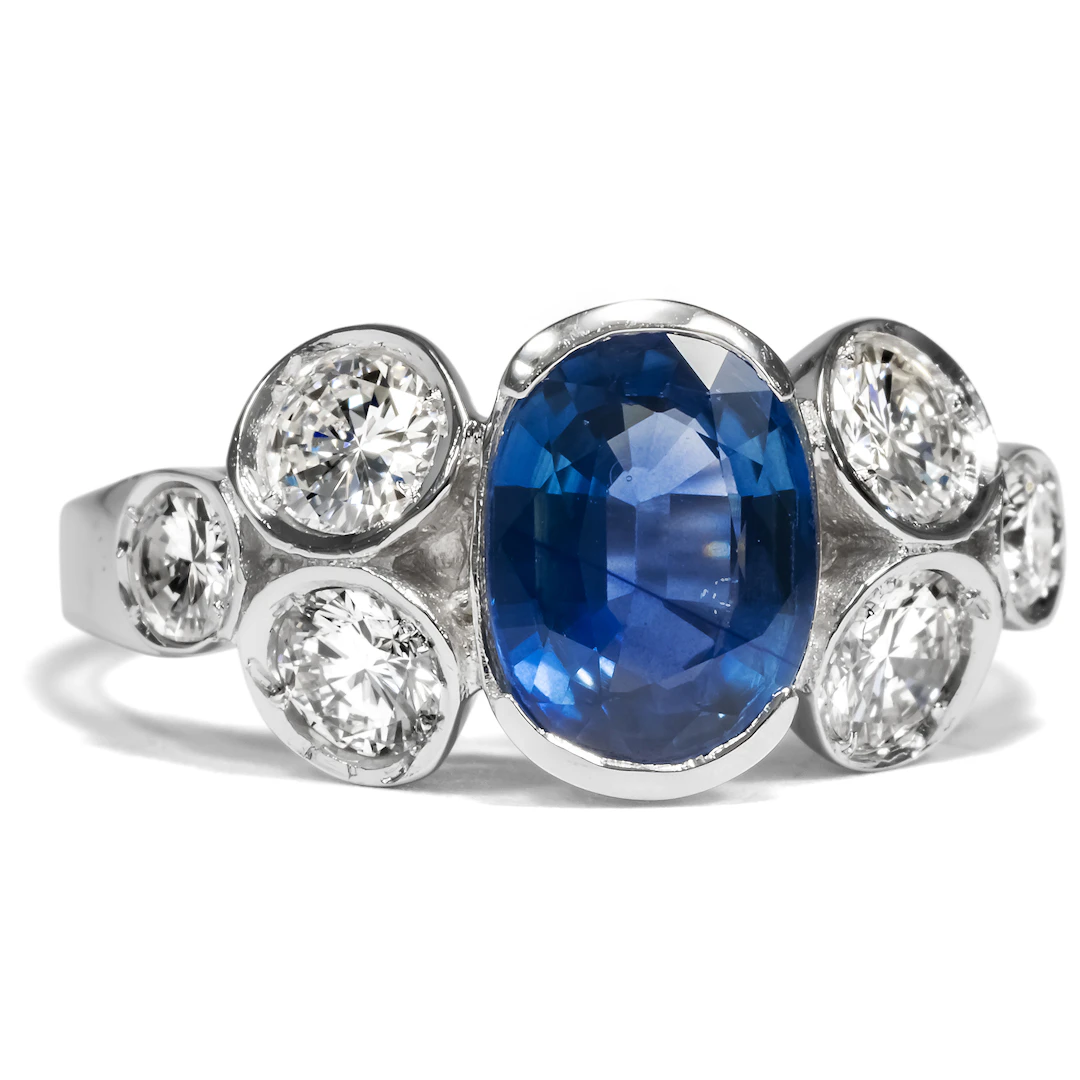 Vintage Ring with Sapphire & Diamonds in White Gold, Italy circa 2010
