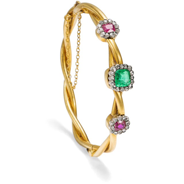 Unusual Antique Colombian Emerald and Burmese Ruby Bangle, Lviv, c. 1880