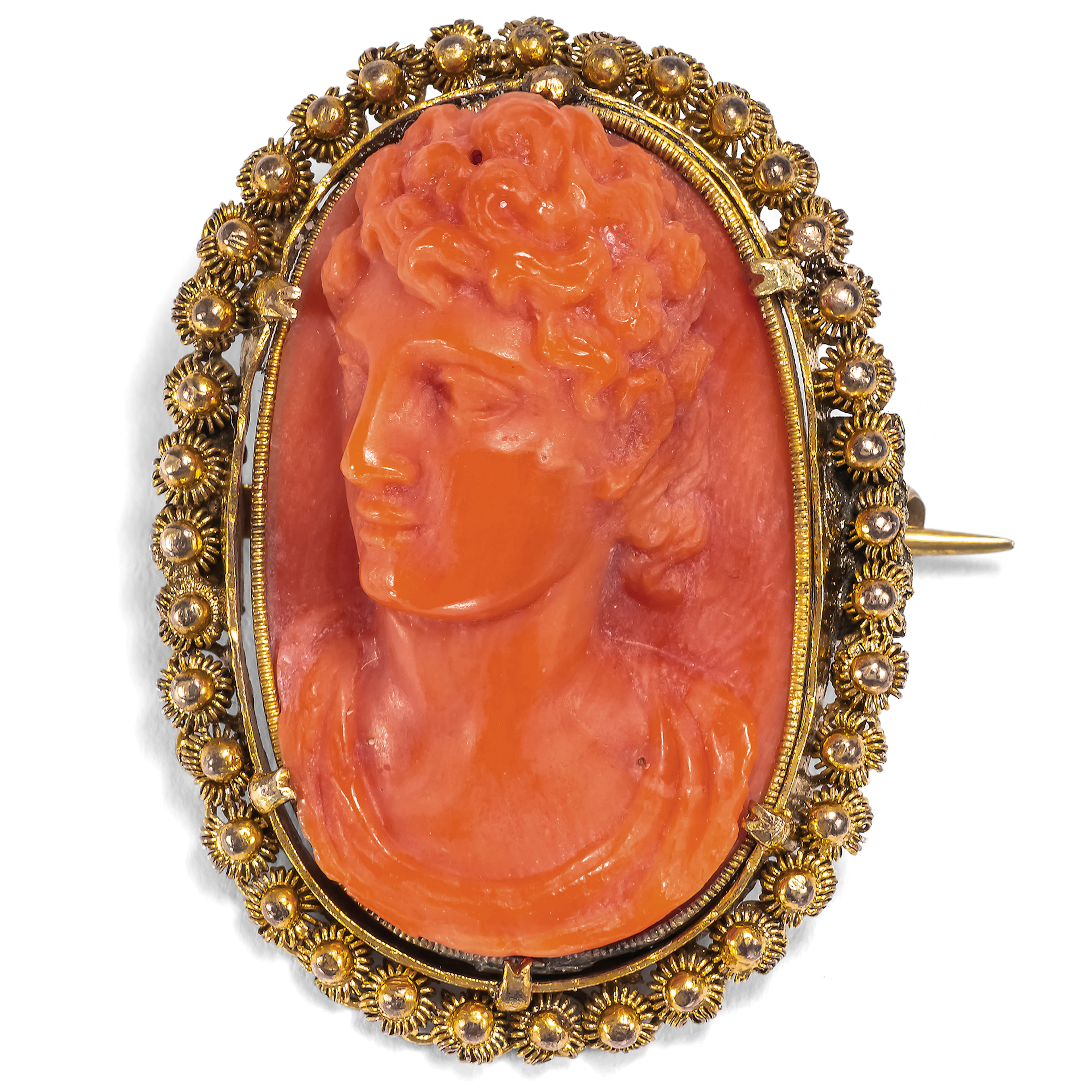 Antique Coral Cameo Set in Gold Cannetille Filigree, c. 1820