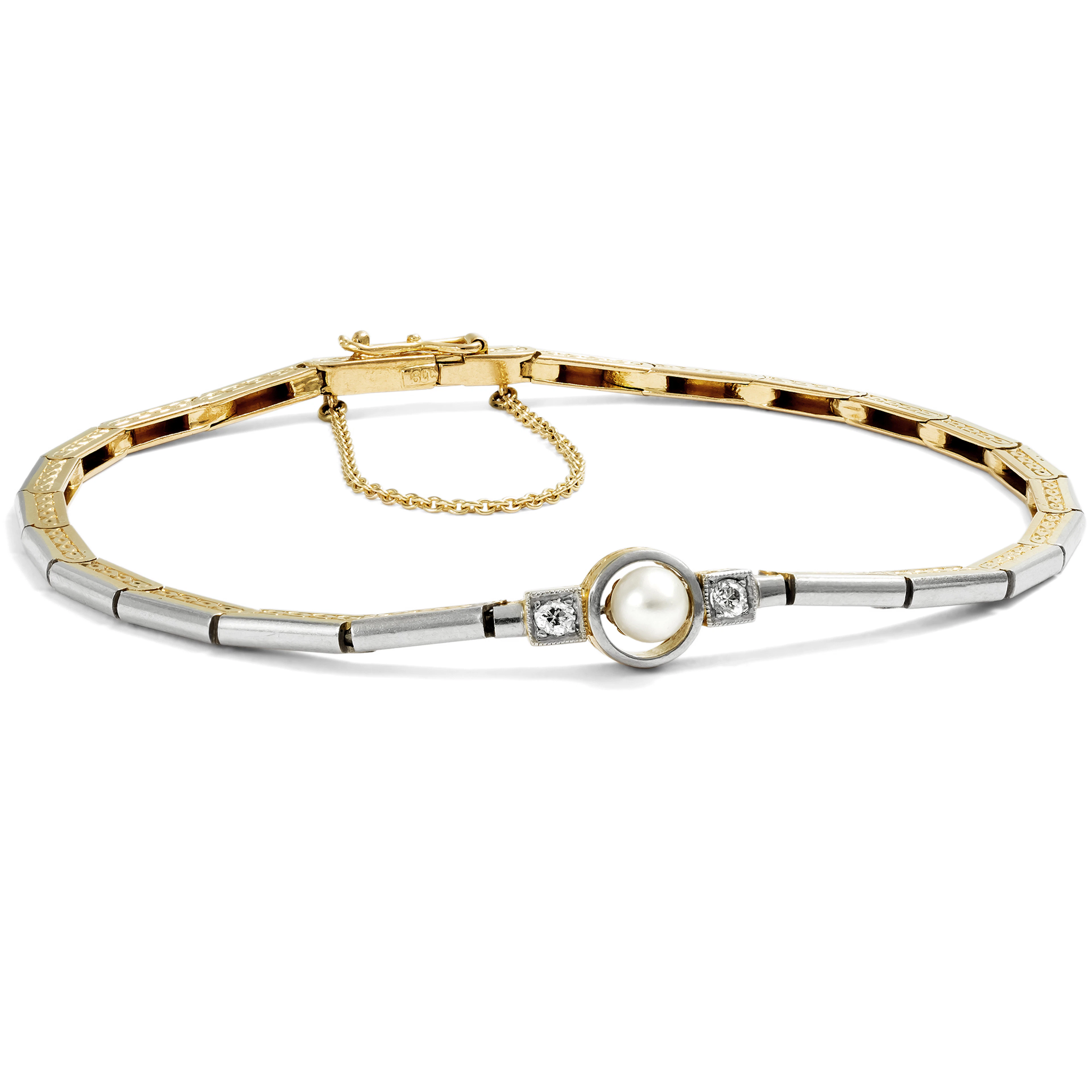Antique Bracelet with Diamonds & Natural Pearl in Platinum on Gold, c. 1920
