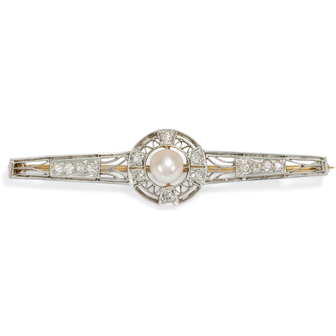 Elegant Bar Brooch with Pearl & Diamonds in Platinum and Gold, 1920s