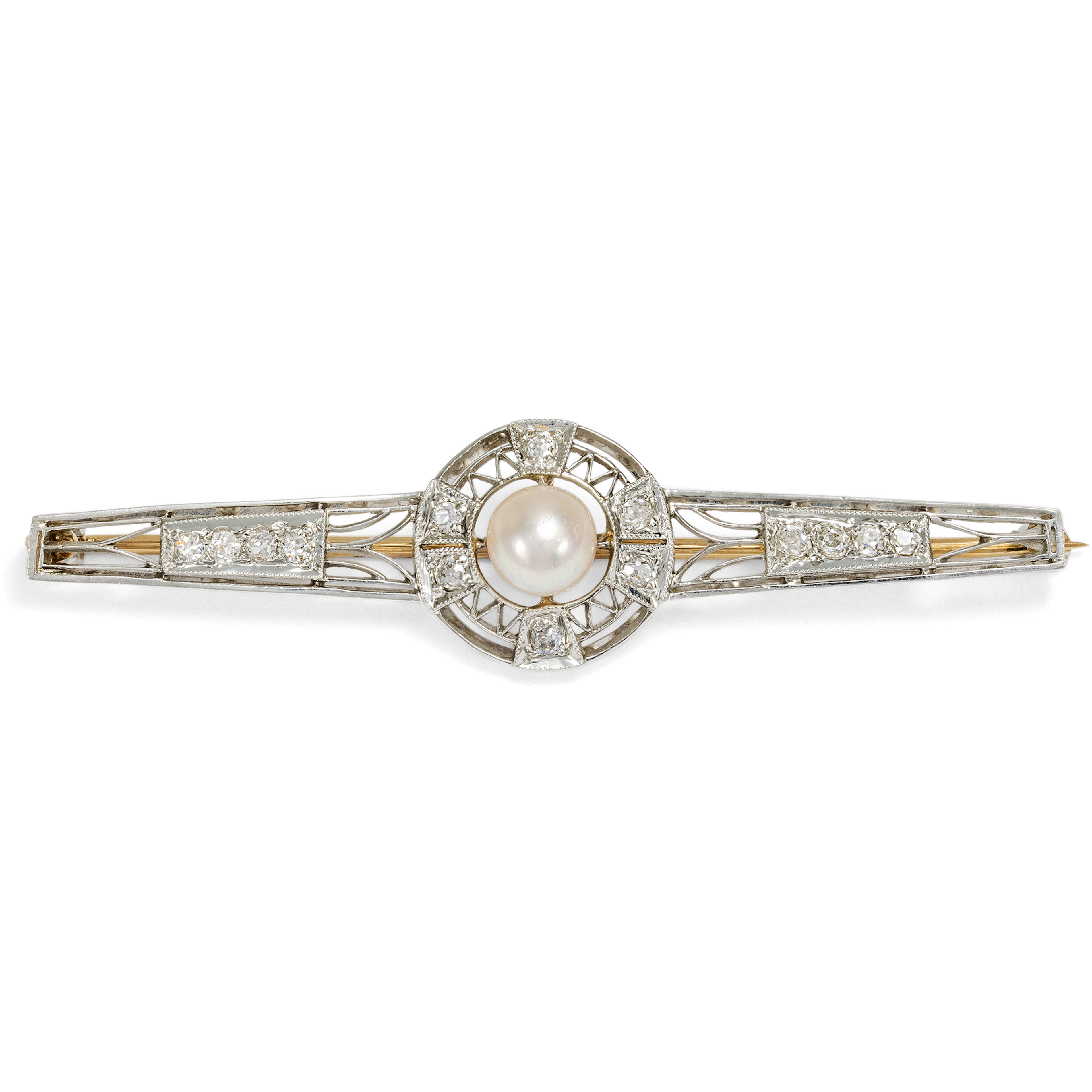 Elegant Bar Brooch with Pearl & Diamonds in Platinum and Gold, 1920s