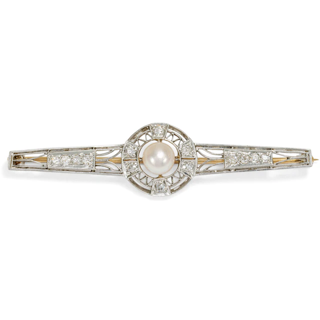 Elegant Bar Brooch with Pearl & Diamonds in Platinum and Gold, 1920s