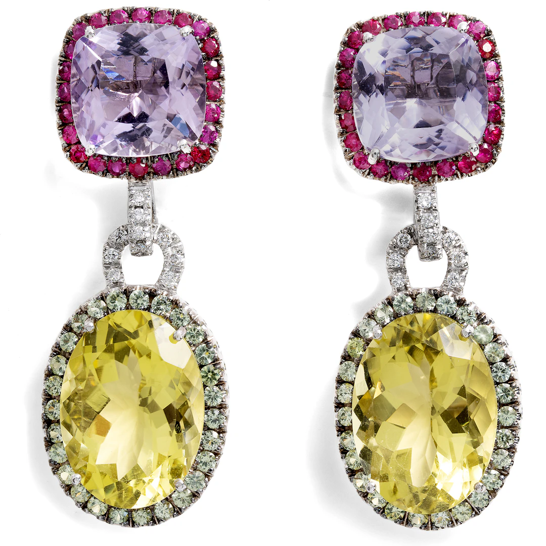 Modern Earrings with Diamonds & Coloured Gemstones in White Gold
