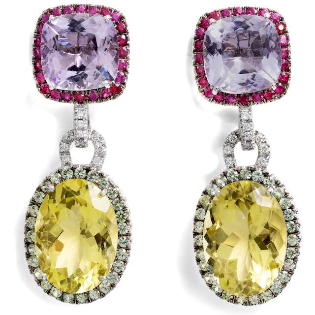 Modern Earrings with Diamonds & Coloured Gemstones in White Gold