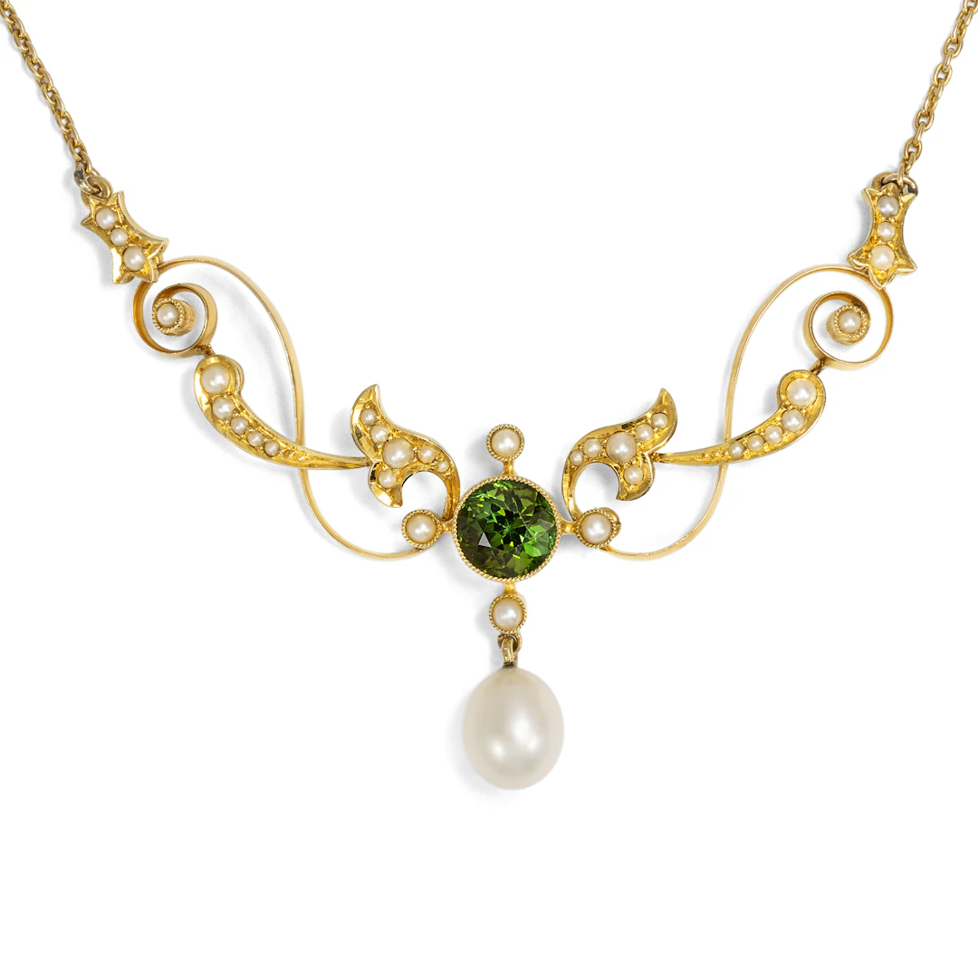 Victorian "Necklet" with Tourmaline & Pearls Set in Gold, Great Britain c. 1900