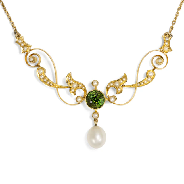 Victorian "Necklet" with Tourmaline & Pearls Set in Gold, Great Britain c. 1900