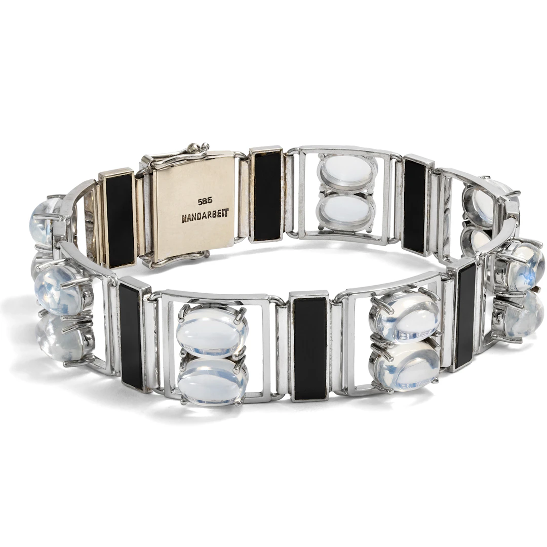 Bold Moonstone, Onyx and White Gold Bracelet, German, c. 1980s