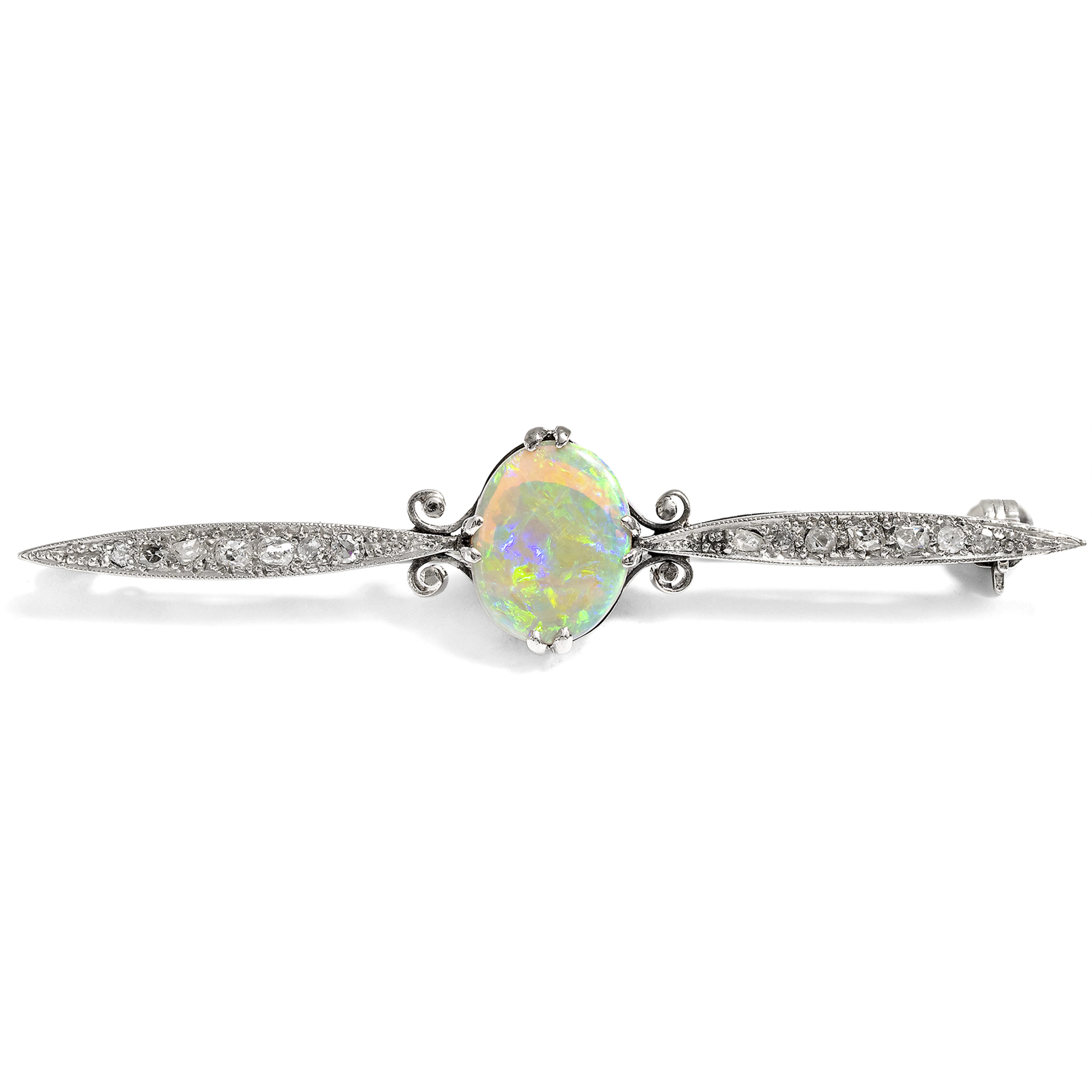Elegant Bar Brooch with Opal and Diamonds in Platinum, England, circa 1925