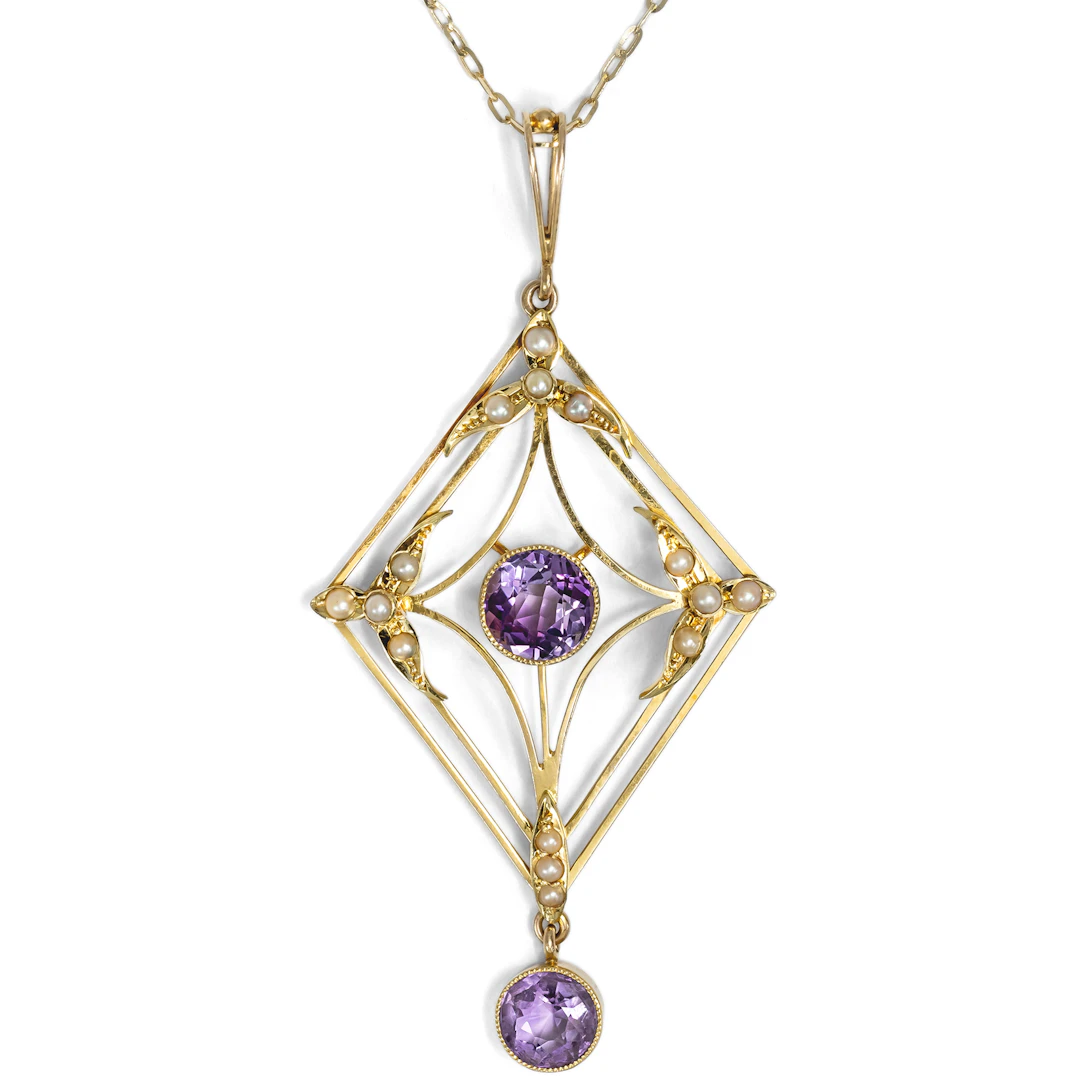 Antique Gold Pendant with Amethysts & Seed Pearls, Great Britain c. 1910