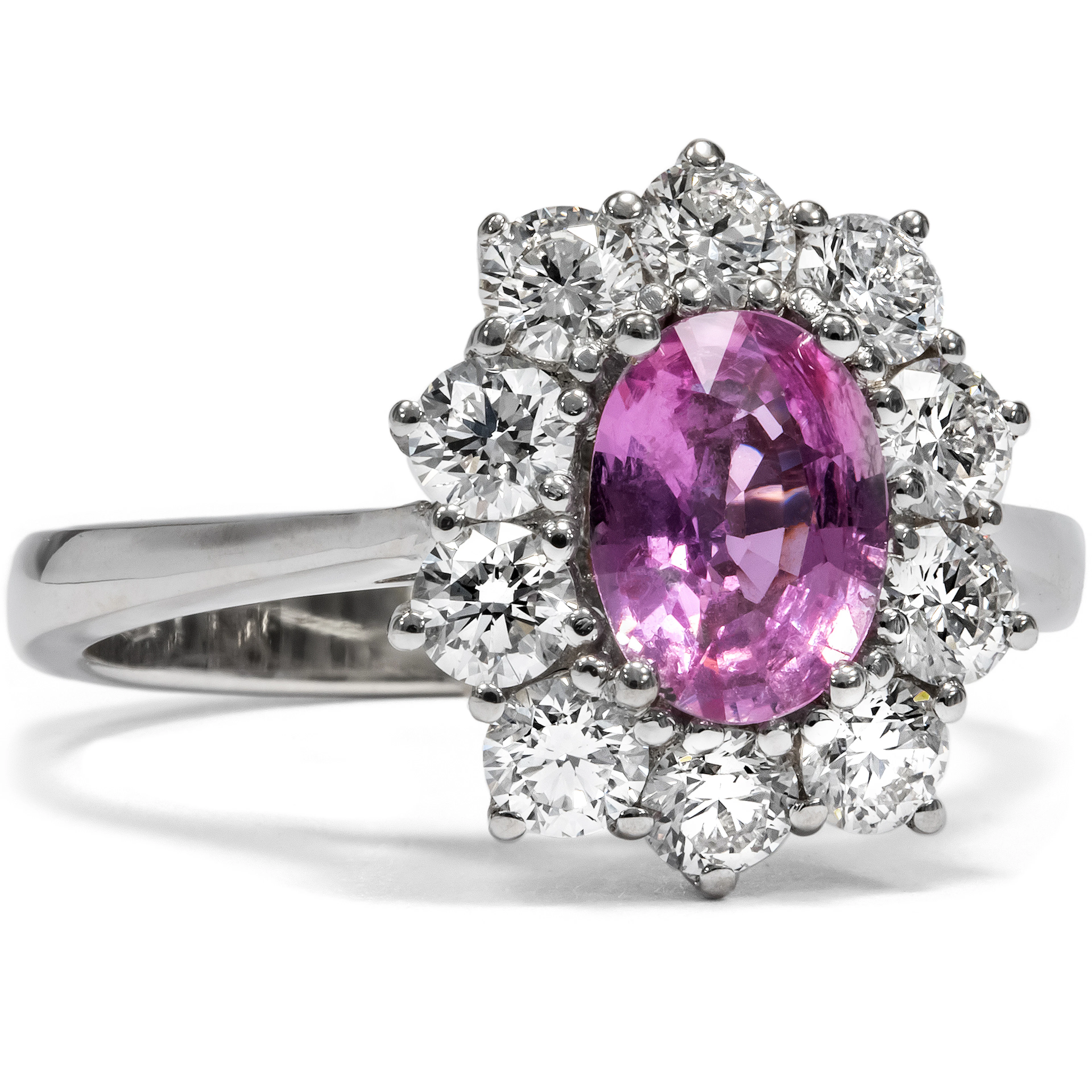 Unusual Entourage Ring with Pink Sapphire & Diamonds in White Gold
