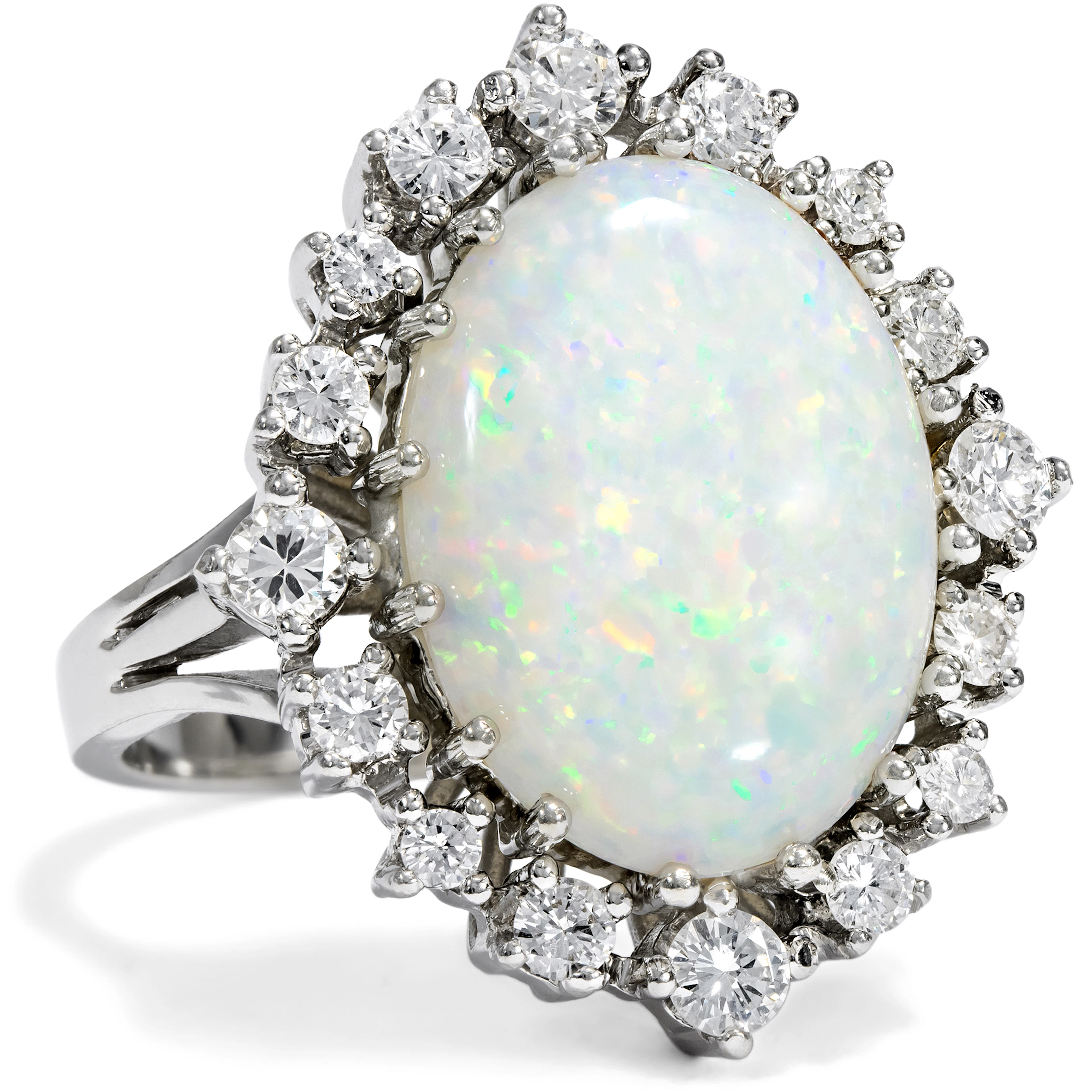 Elegant Cocktail Ring with Opal and Diamonds in White Gold, c. 1975