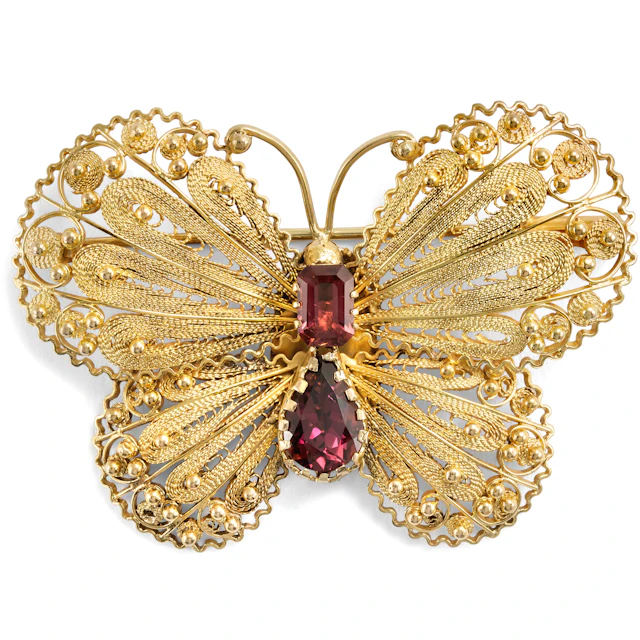 Vintage Butterfly Brooch in Gold & Tourmalines, c. 1950