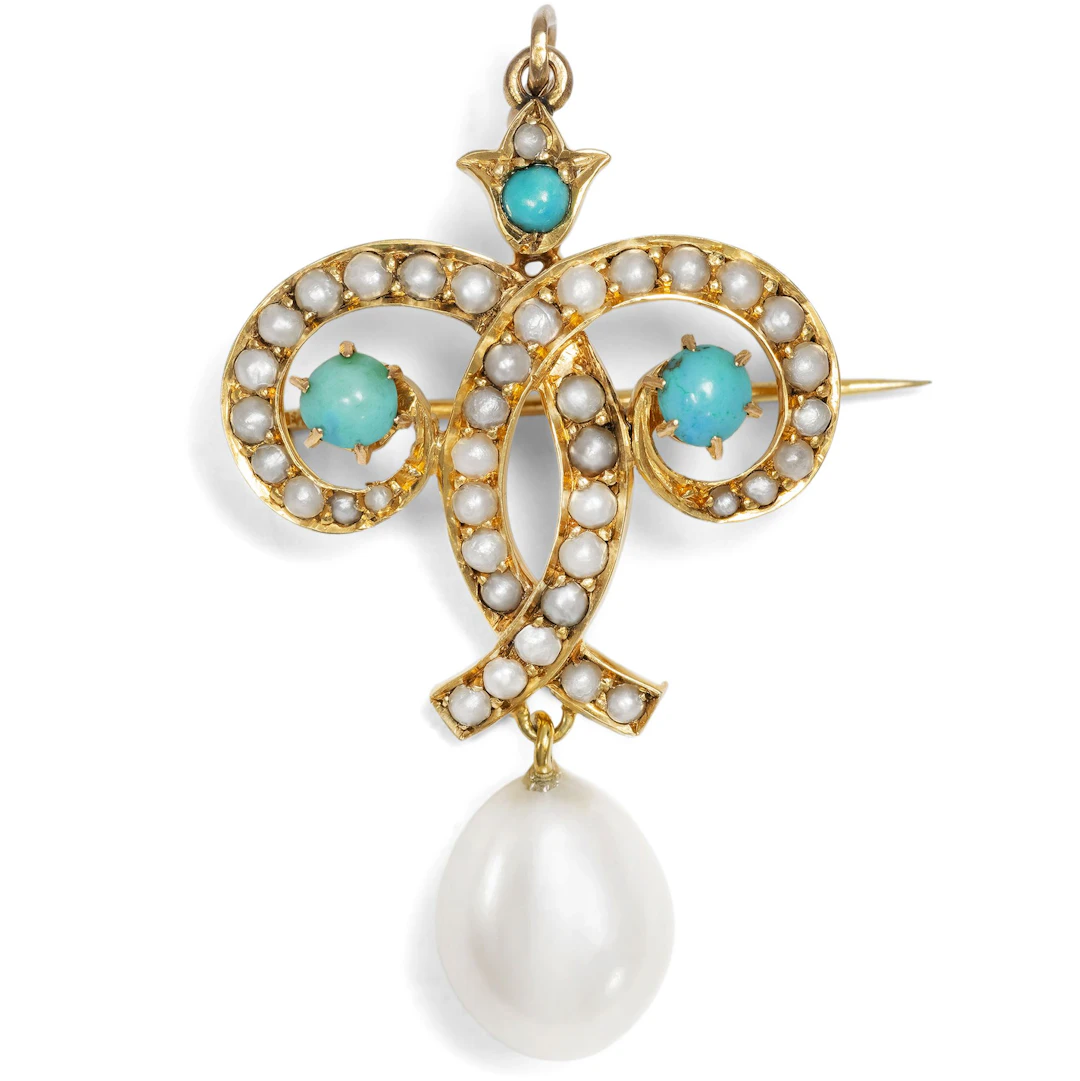 Delicate Pendant Brooch with Turquoise & Pearls, England c. 1900