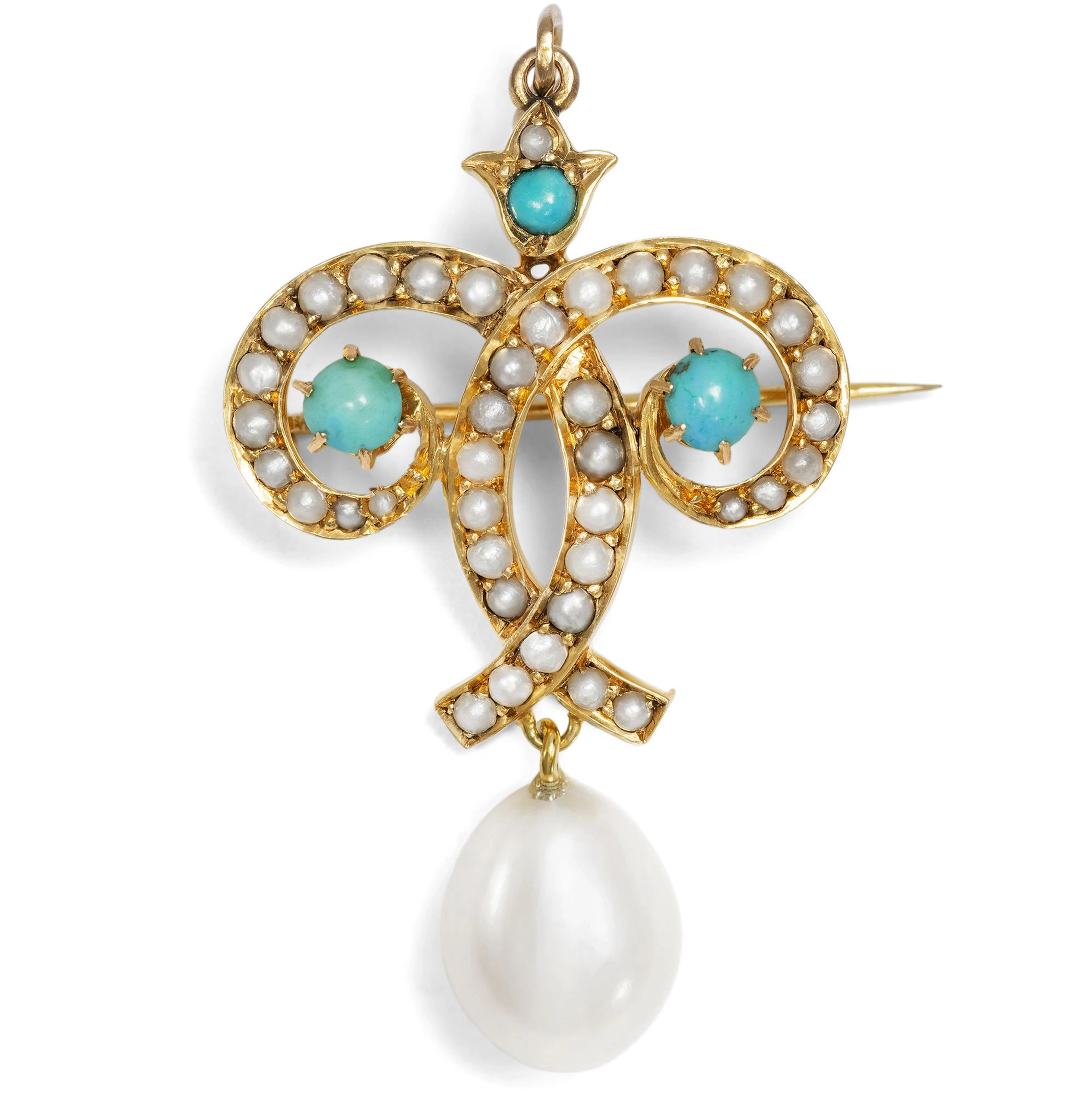 Delicate Pendant Brooch with Turquoise & Pearls, England c. 1900