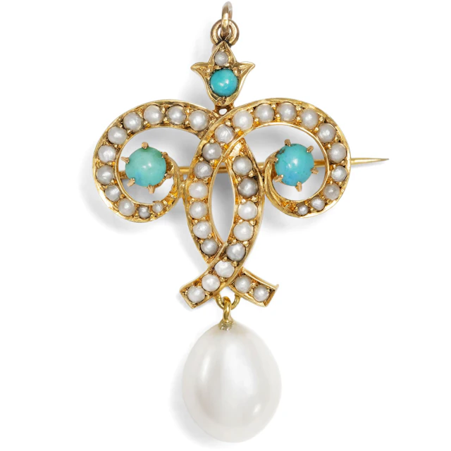 Delicate Pendant Brooch with Turquoise & Pearls, England c. 1900
