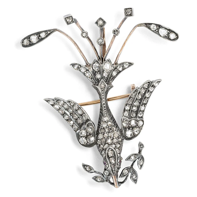 Antique Pendant-Brooch with Diamonds in Silver on Gold, c. 1875