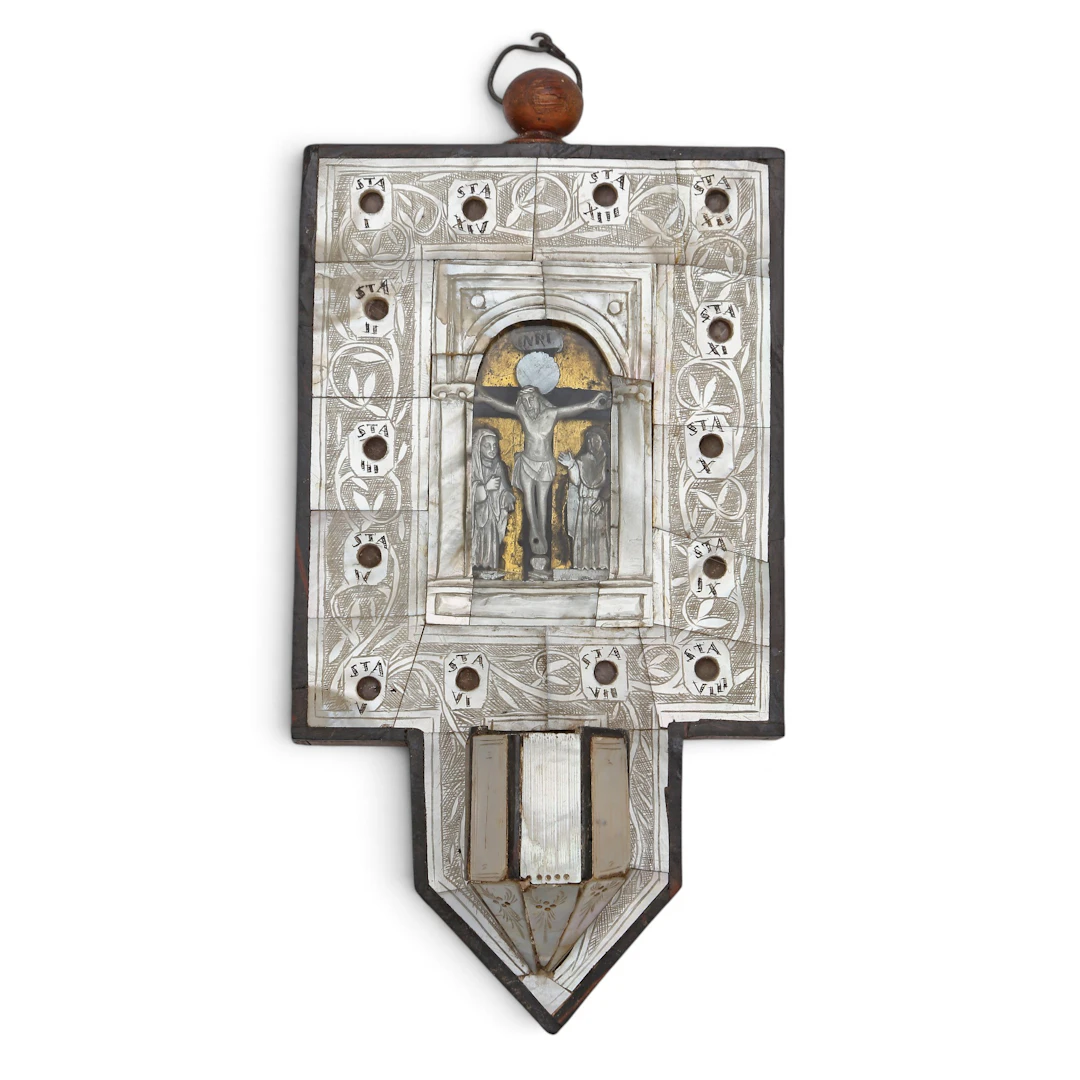 Jerusalem holy water font in wood with engraved mother-of-pearl plaques