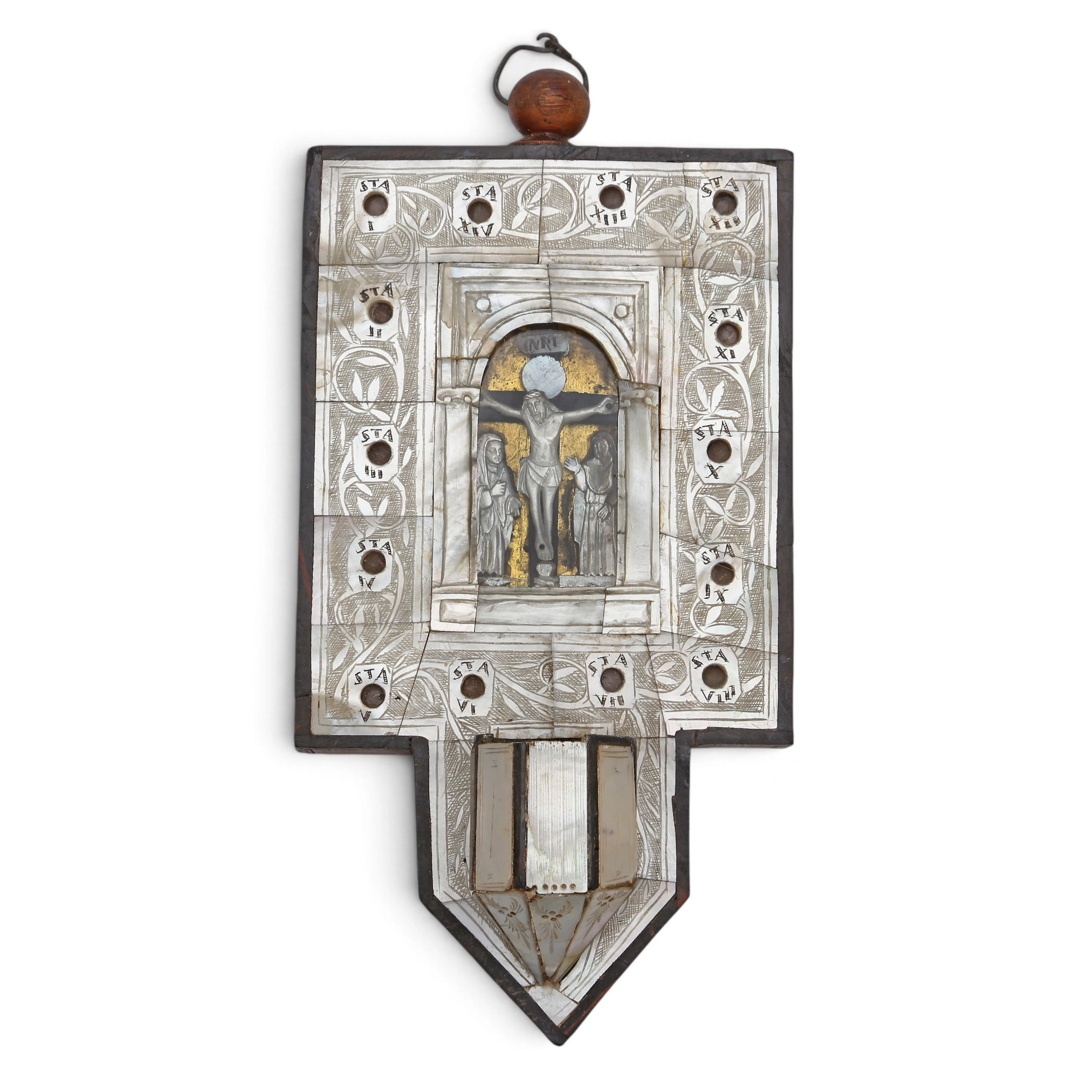 Jerusalem holy water font in wood with engraved mother-of-pearl plaques