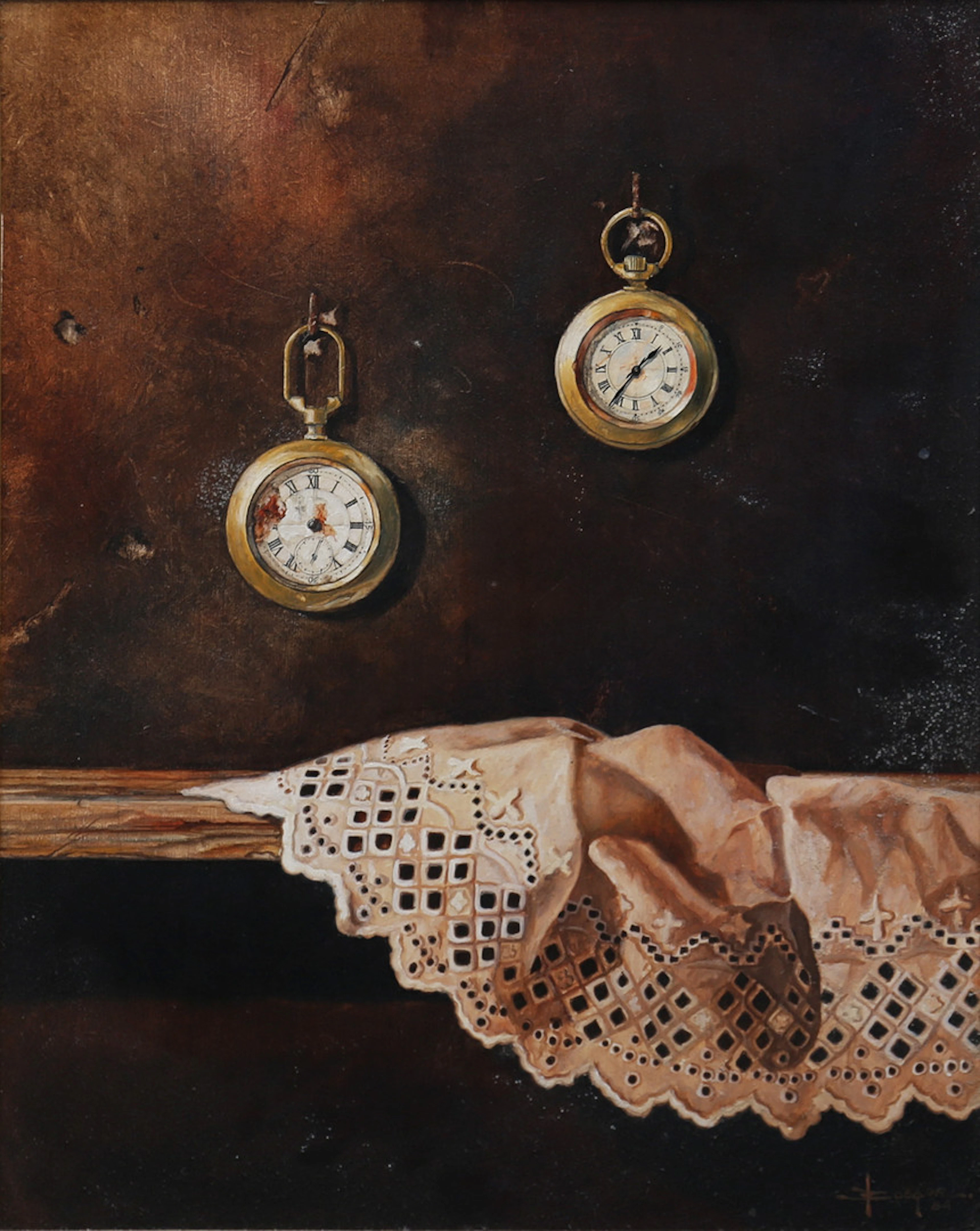 SERGIO BOSQUE. Still life with pocket watches.