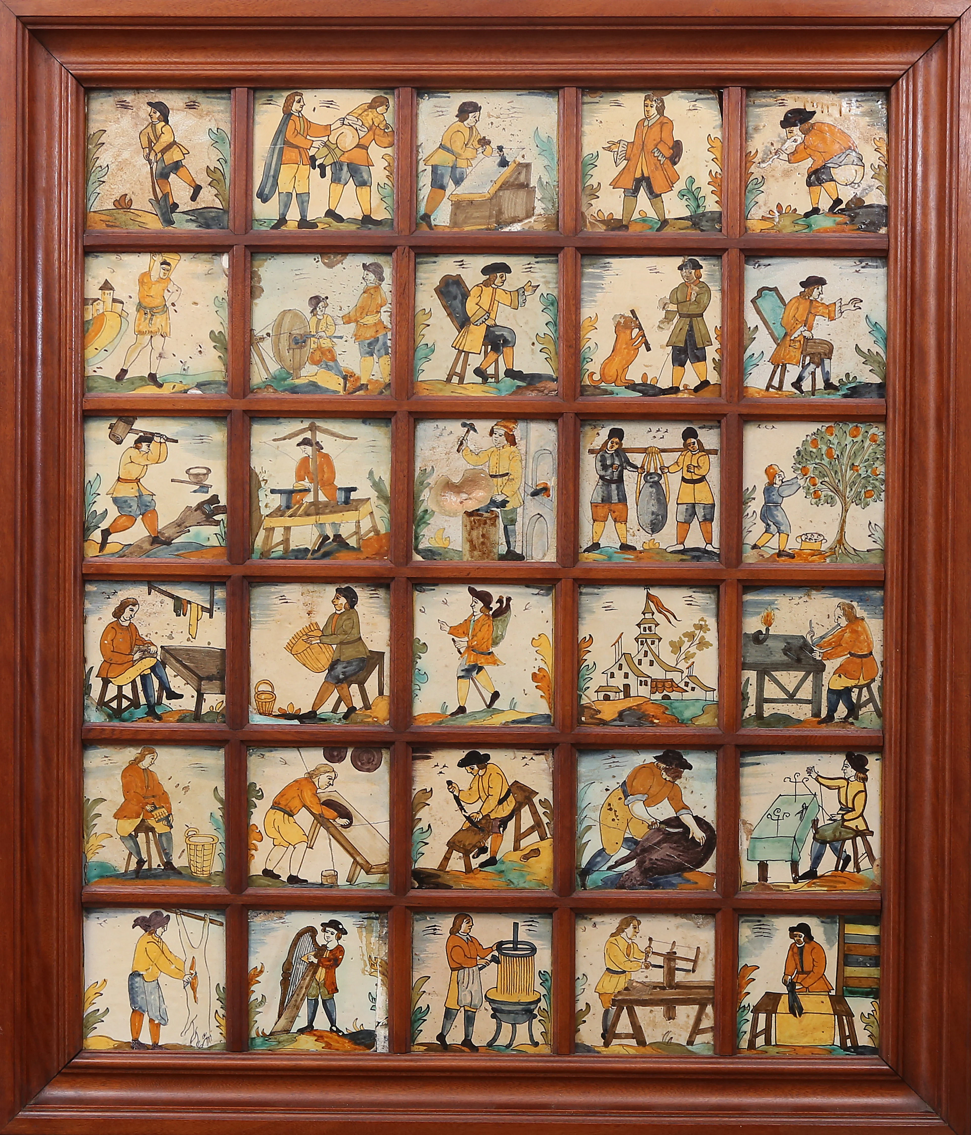 Panel of 30 Catalan “d'arts i oficis” tiles, 18th century.