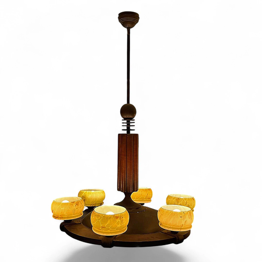 Art Deco ceiling lamp in walnut, early decades of the 20th Century.