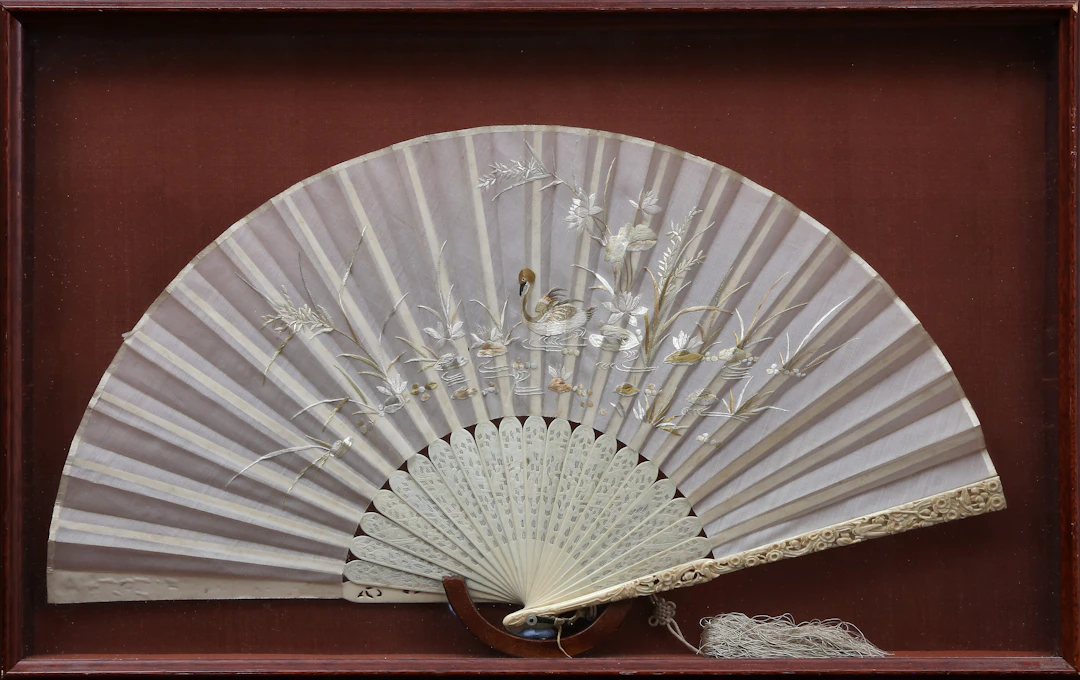 Chinese fan with carved and pierced bone sticks and embroidered silk
