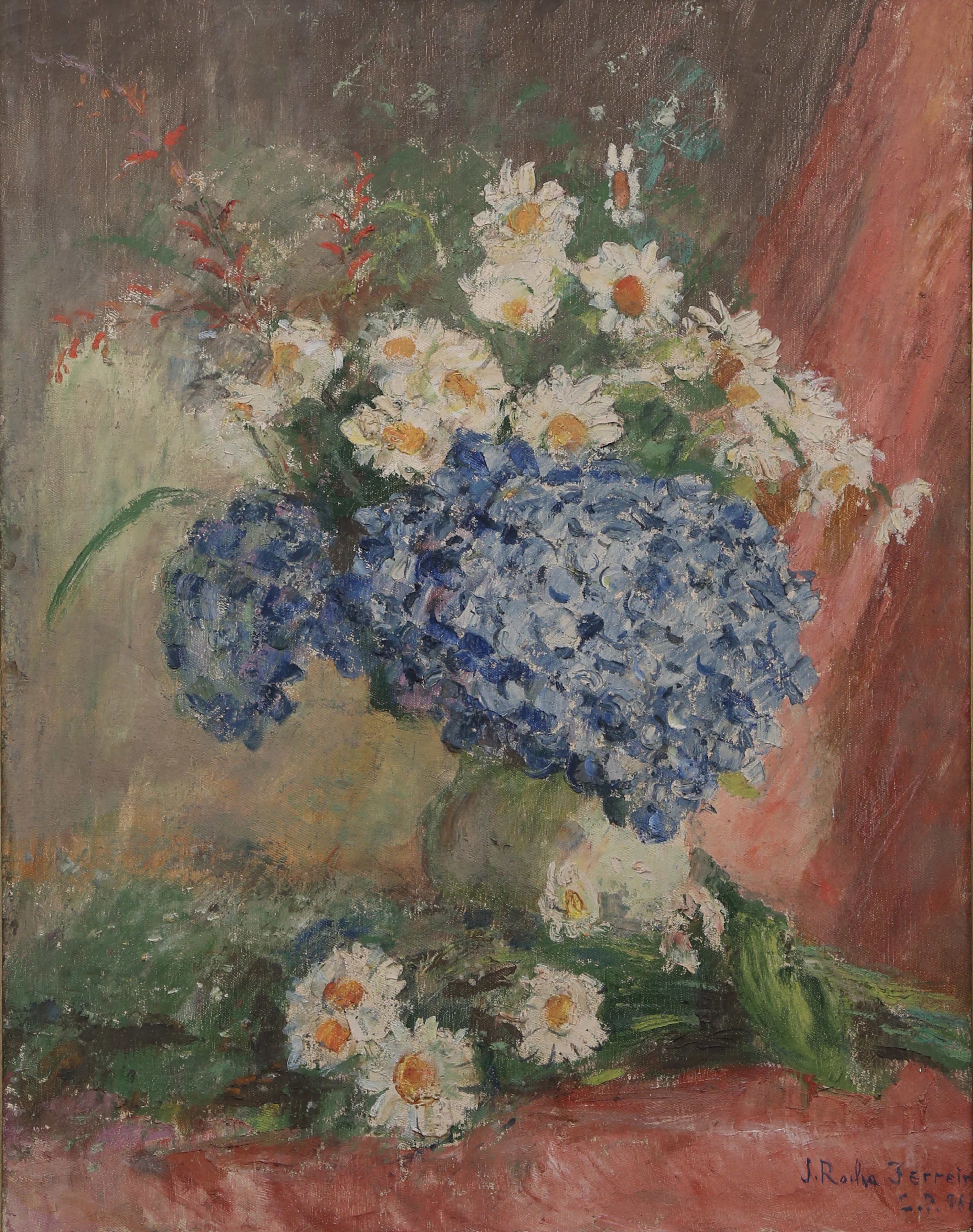 JOAQUIM DA ROCHA FERREIRA. Still life with hydrangeas and daisies.