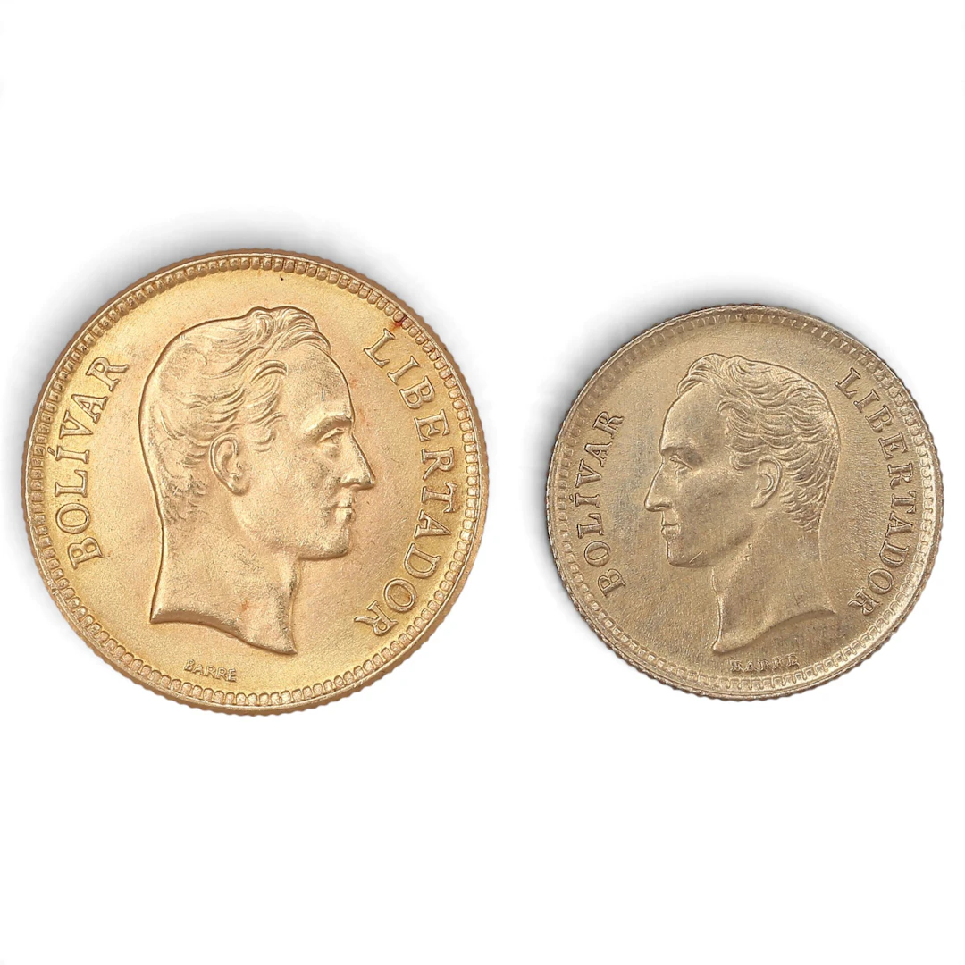TwoVenezuelan gold and silver coins, 20th Century.