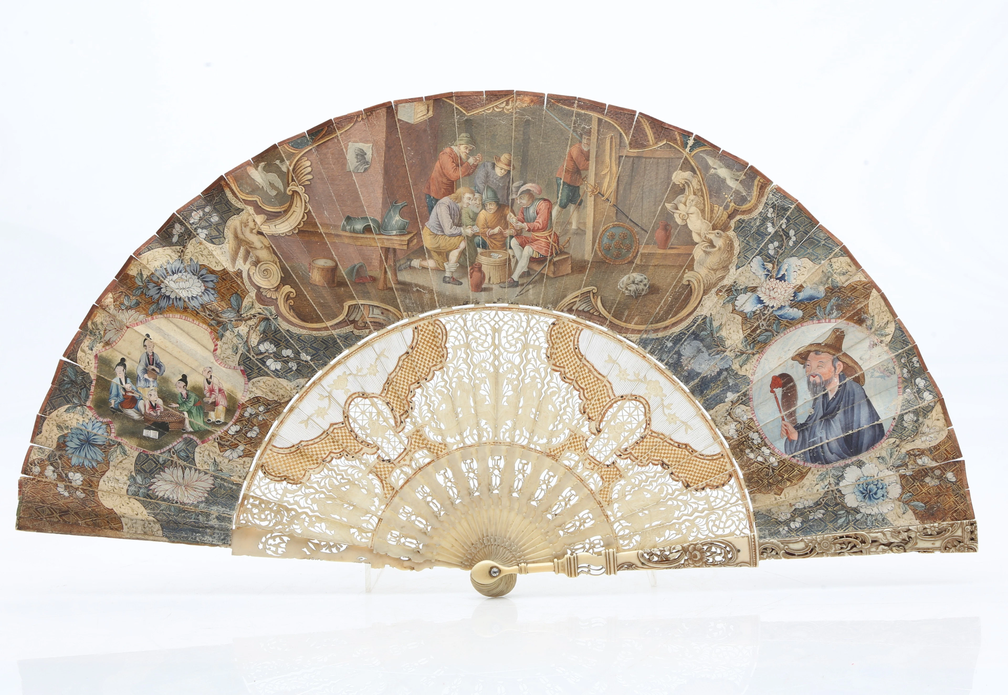 Dutch fan with openwork and gilt Chinese sticks, and painted paper