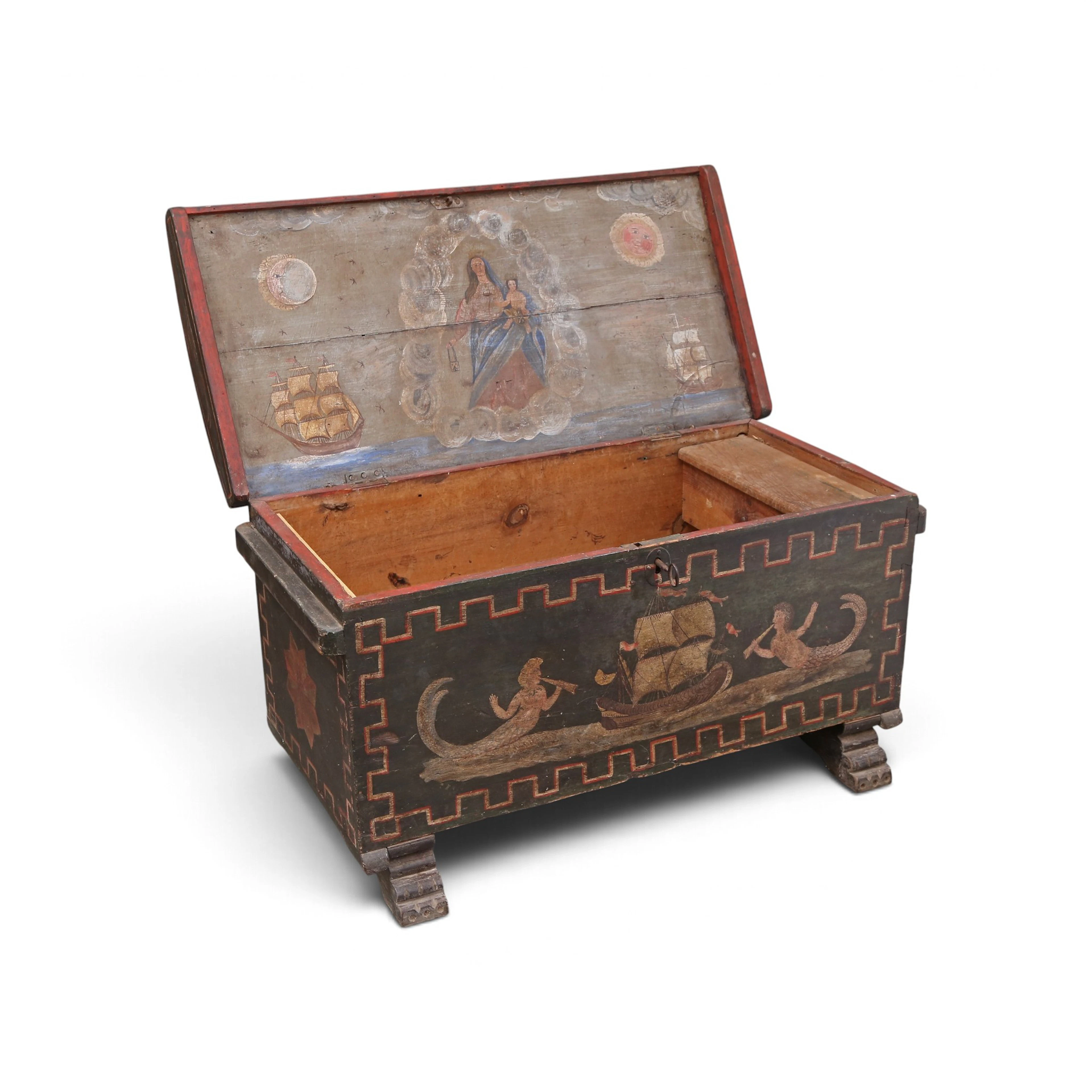 Sailor's chest in polychrome wood, 19th century.