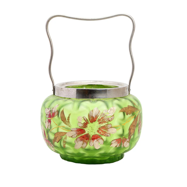 Art Nouveau biscuits jar in enamelled and gilt glass, early 20th Century.
