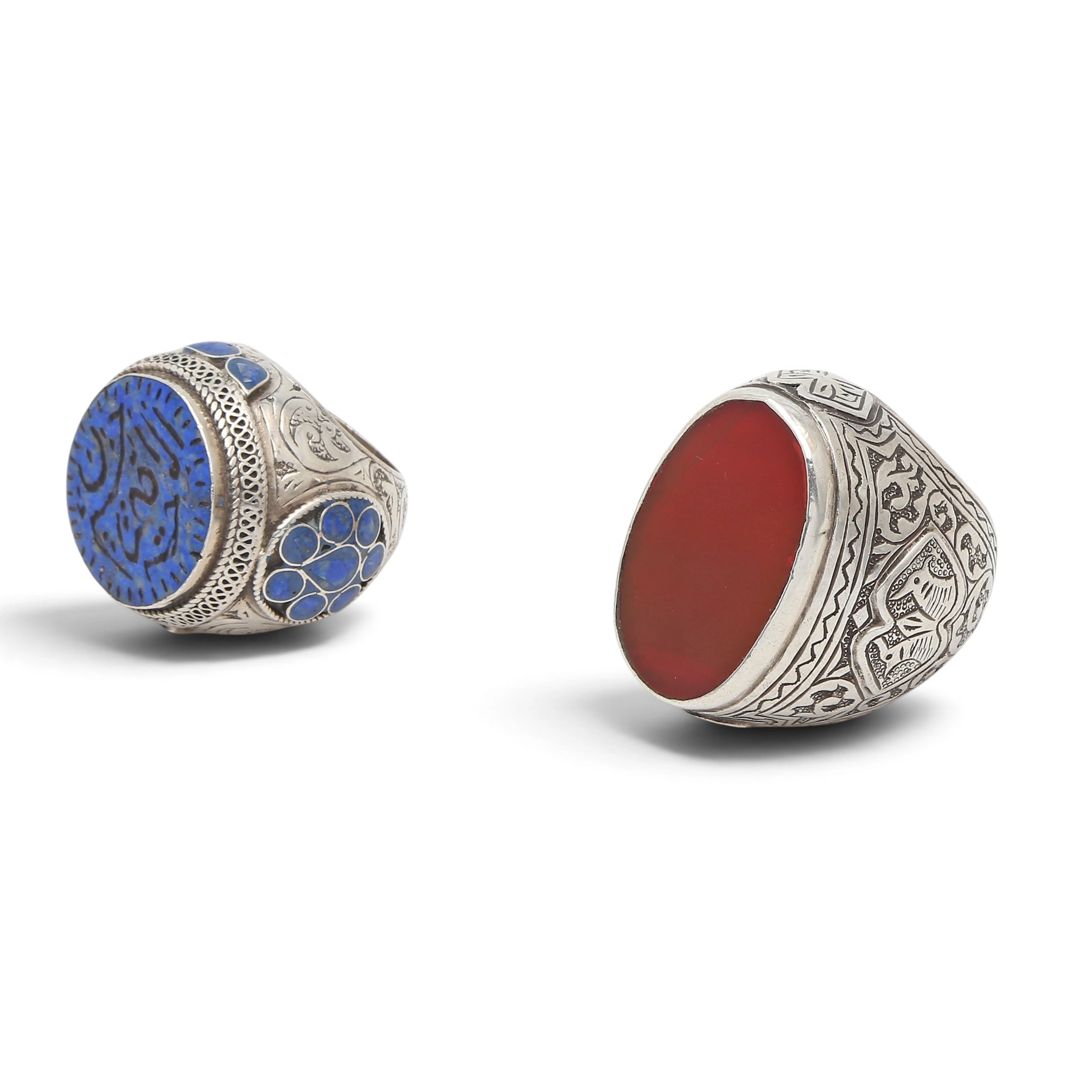 Two large Turkish rings in silver, enamel, sodalite and carnelian.