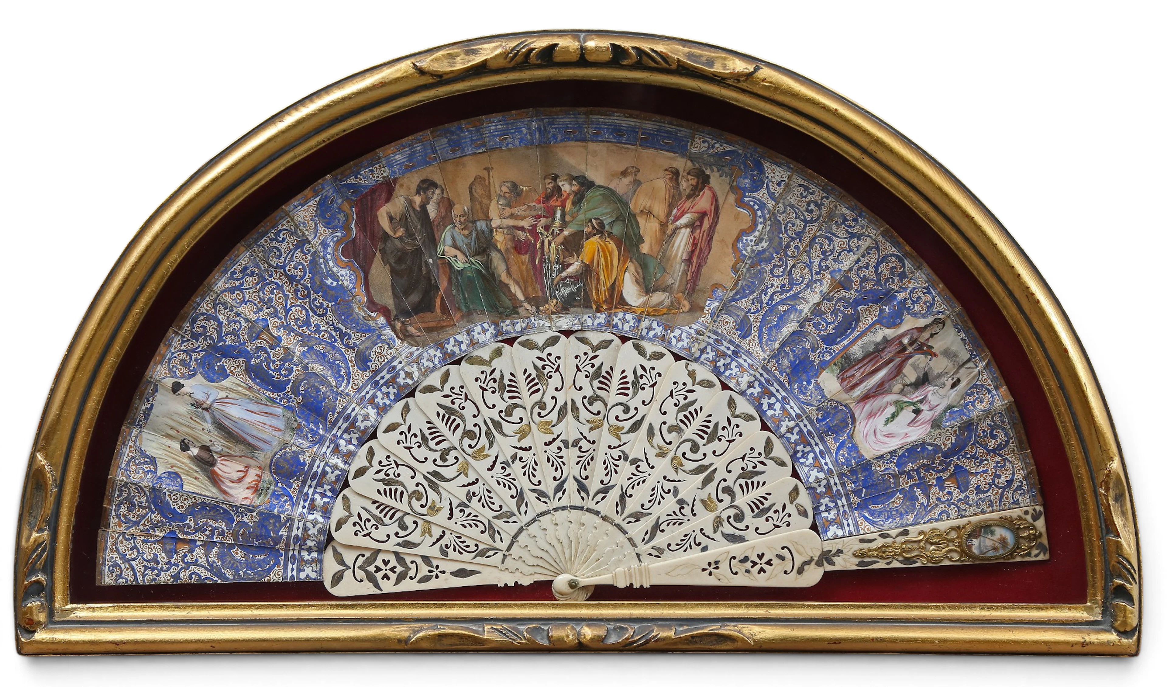 Elizabethan fan with painted and gilt paper leaves and carved and