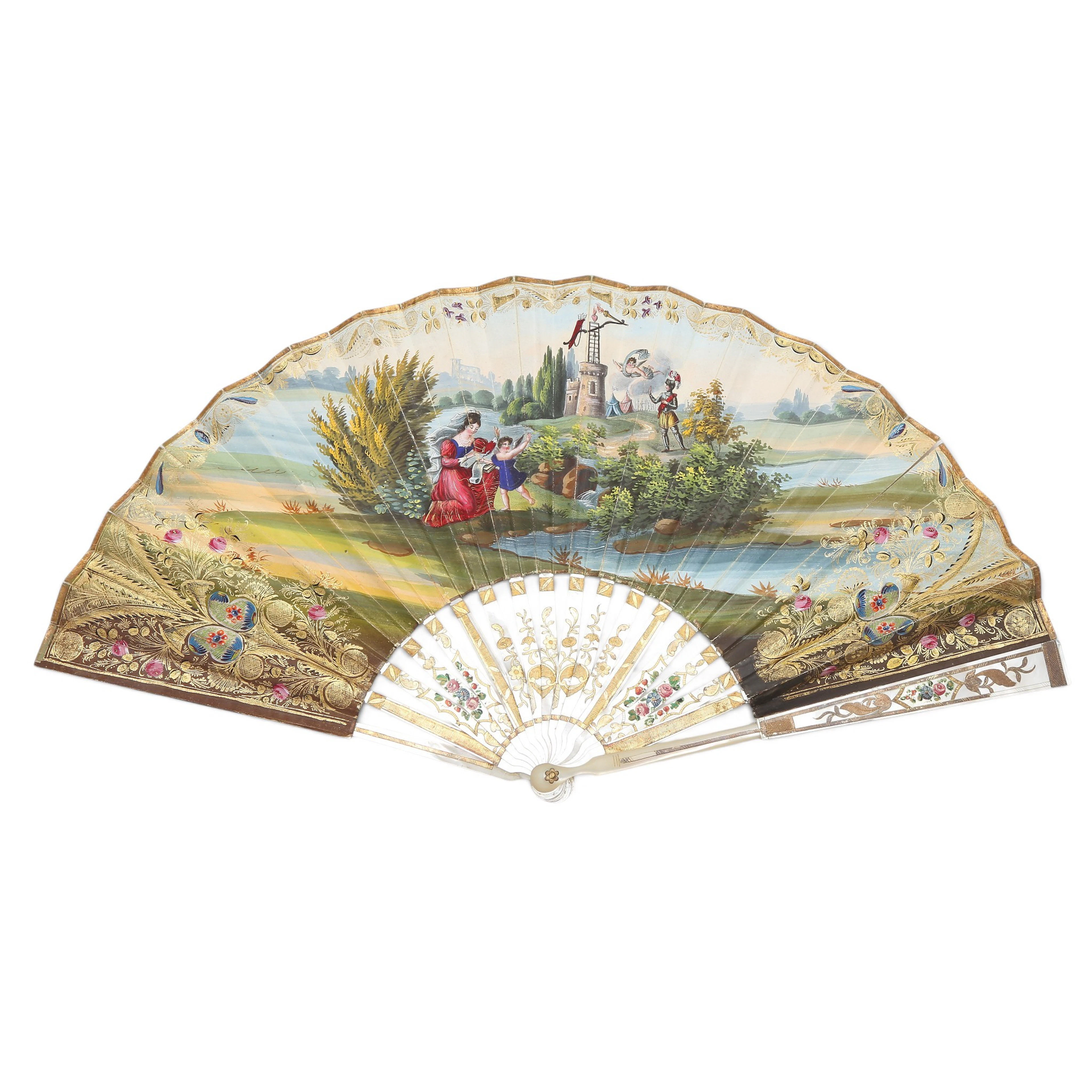 French Charles X-Louis Philippe fan with painted and gilt mother-of-pearl