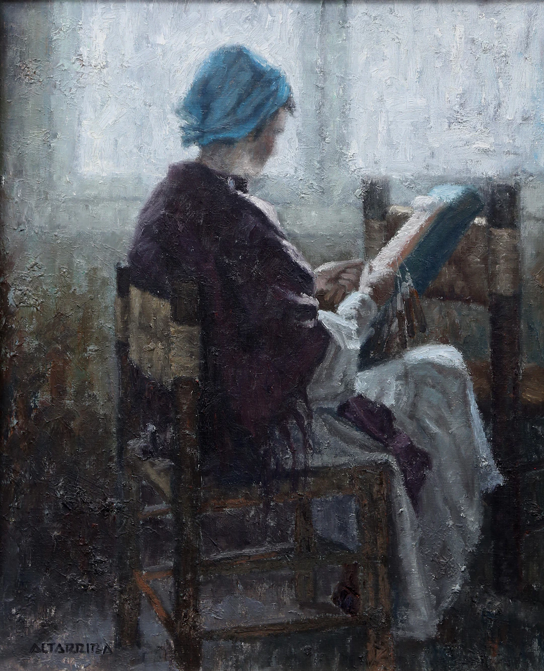 SALVADOR ALTARRIBA VILARASAU. Woman making bobbin lace.