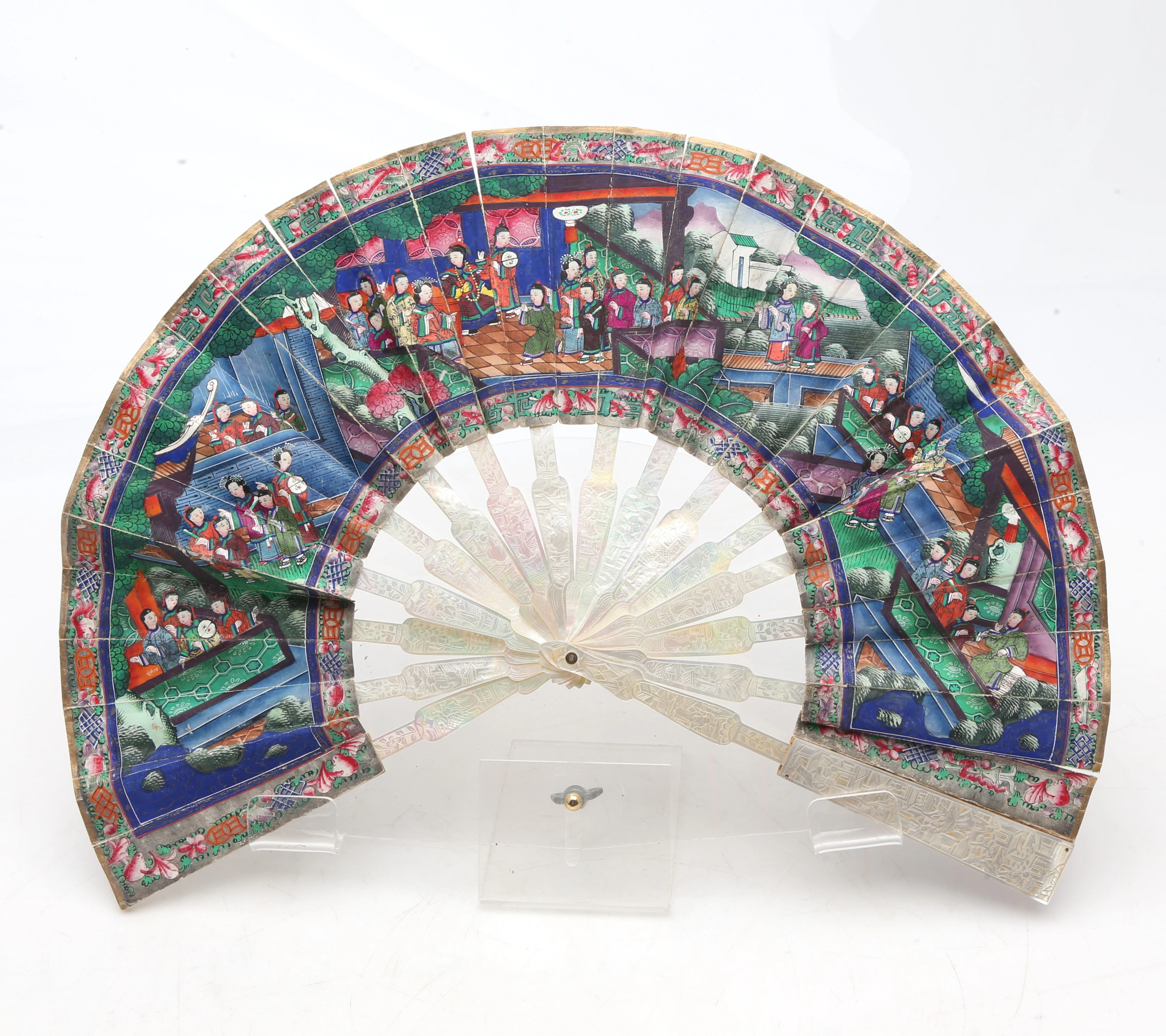 Chinese "thousand faces" fan with carved mother-of-pearl sticks and