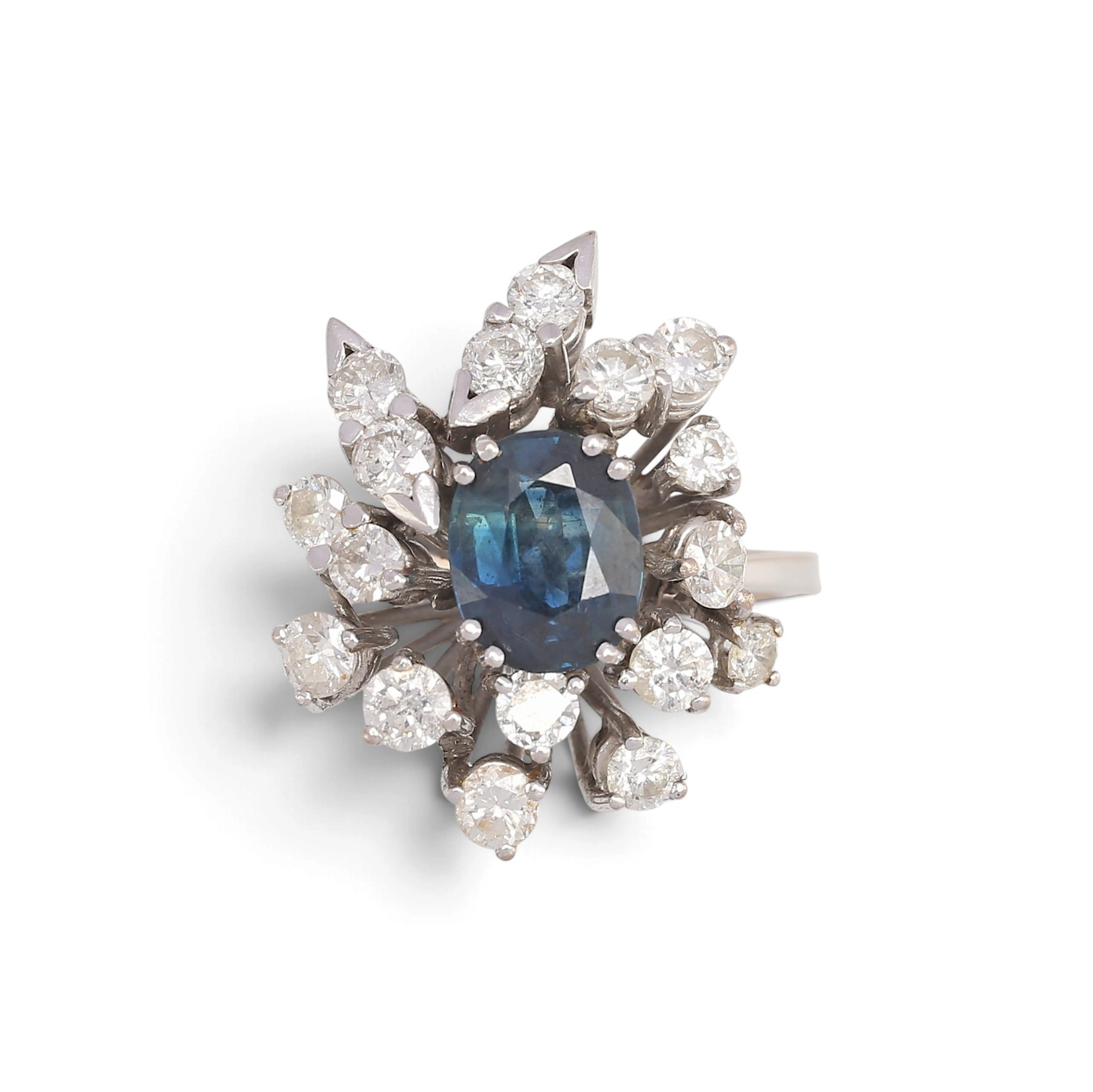 Sapphire and diamonds ring, mid 20th Century.