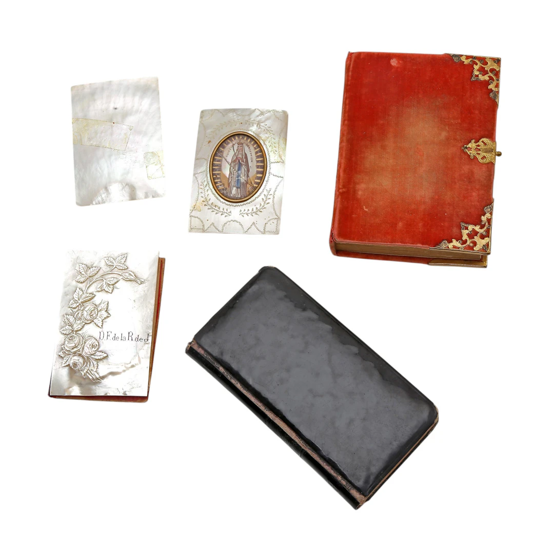 Devotional books with embossed leather, velvet and mother-of-pearl