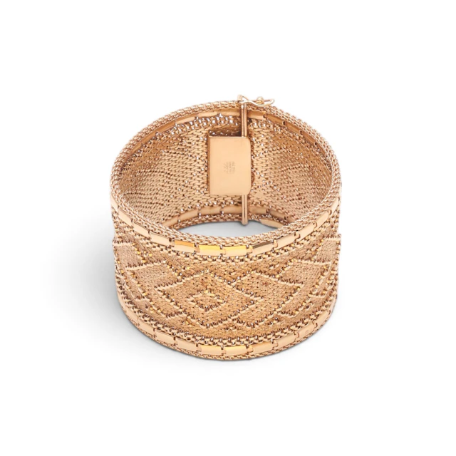 Gold mesh wide bracelet, circa 1960.