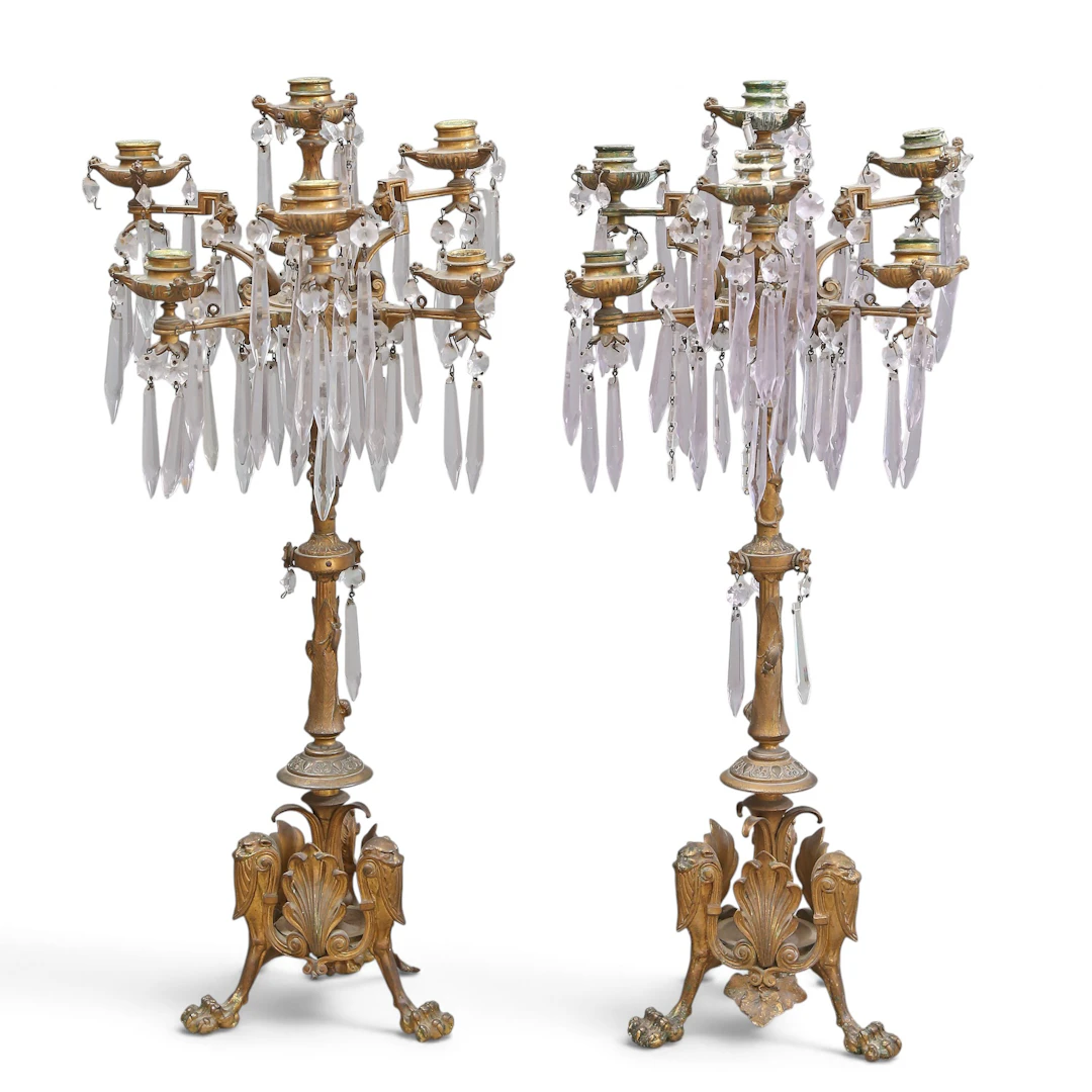 Pair of Napoleon III Historicist-style gilt-bronze and crystal drop
