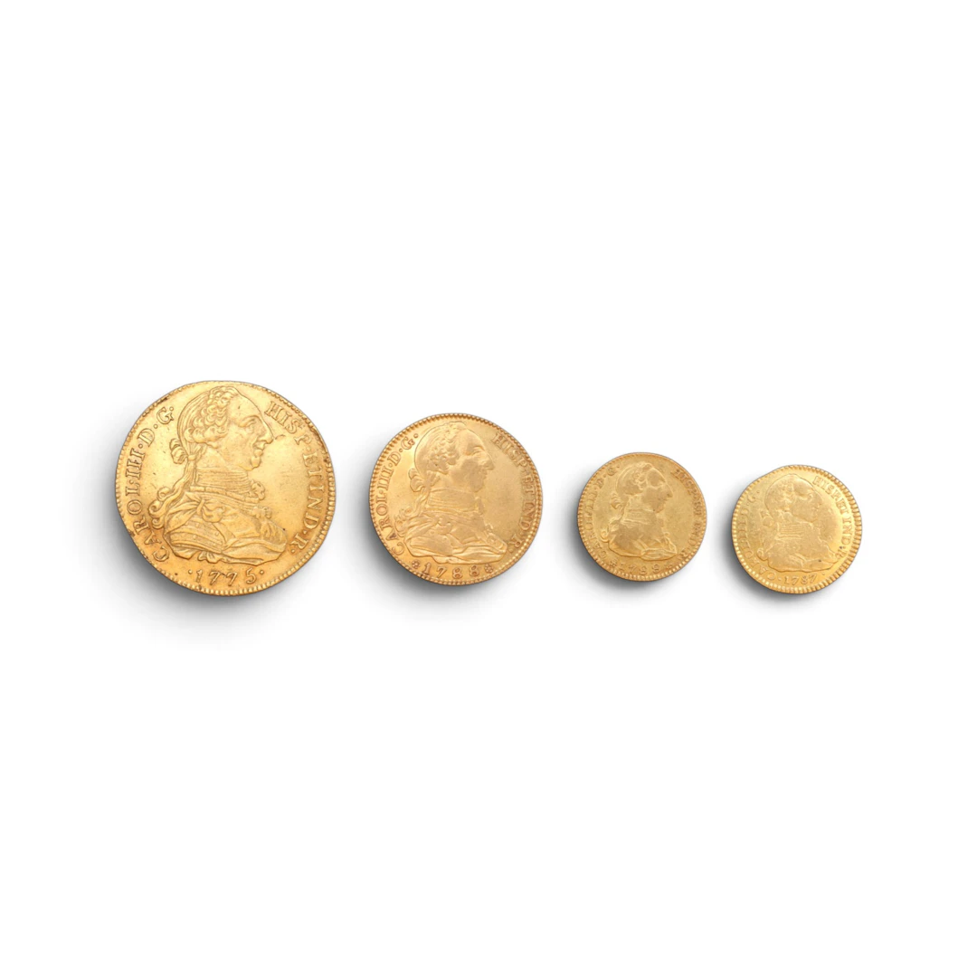 Four Spanish gold coins, 18th Century.