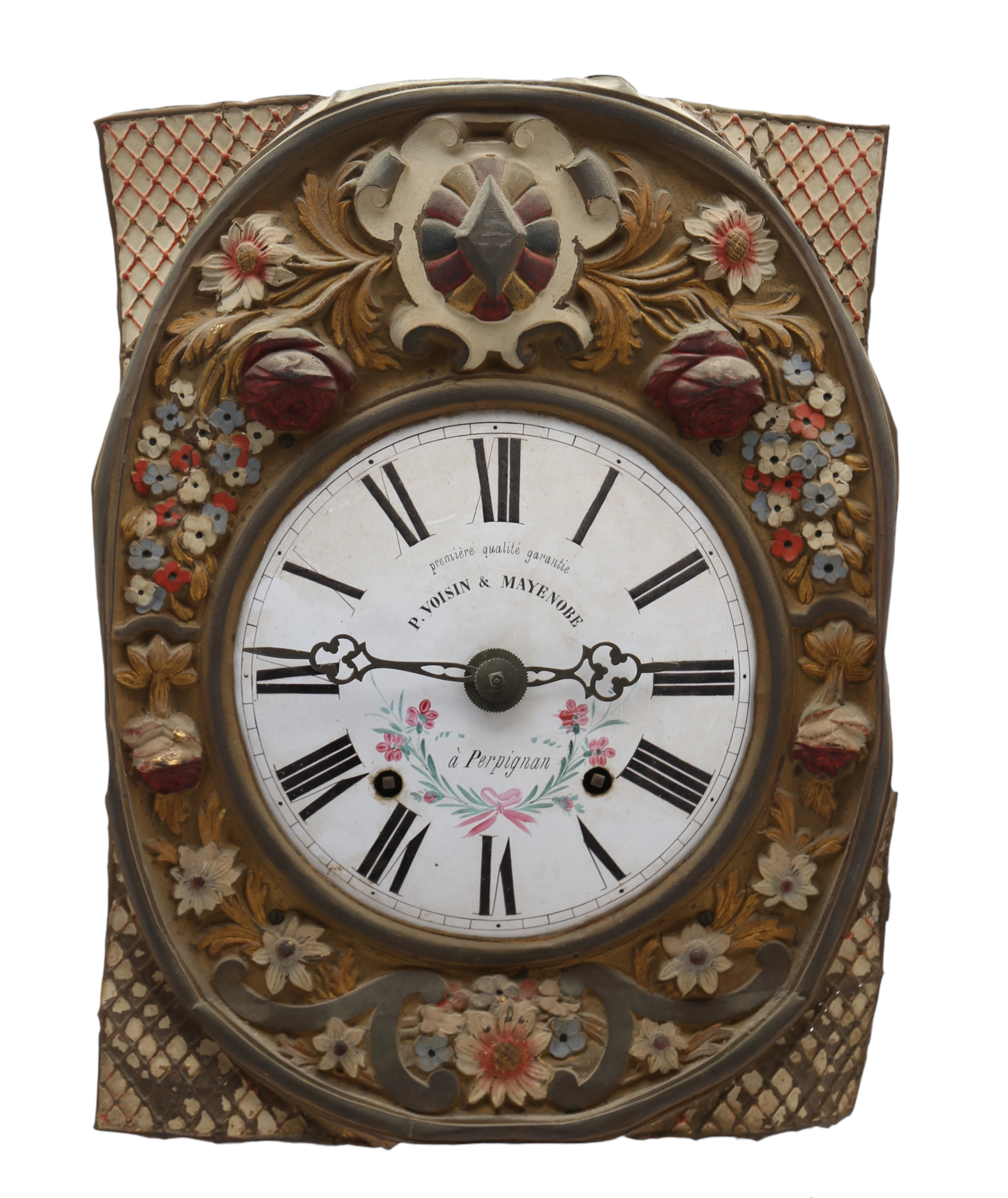 French Morez-like wall clock in embossed and polychrome brass, circa 1870.