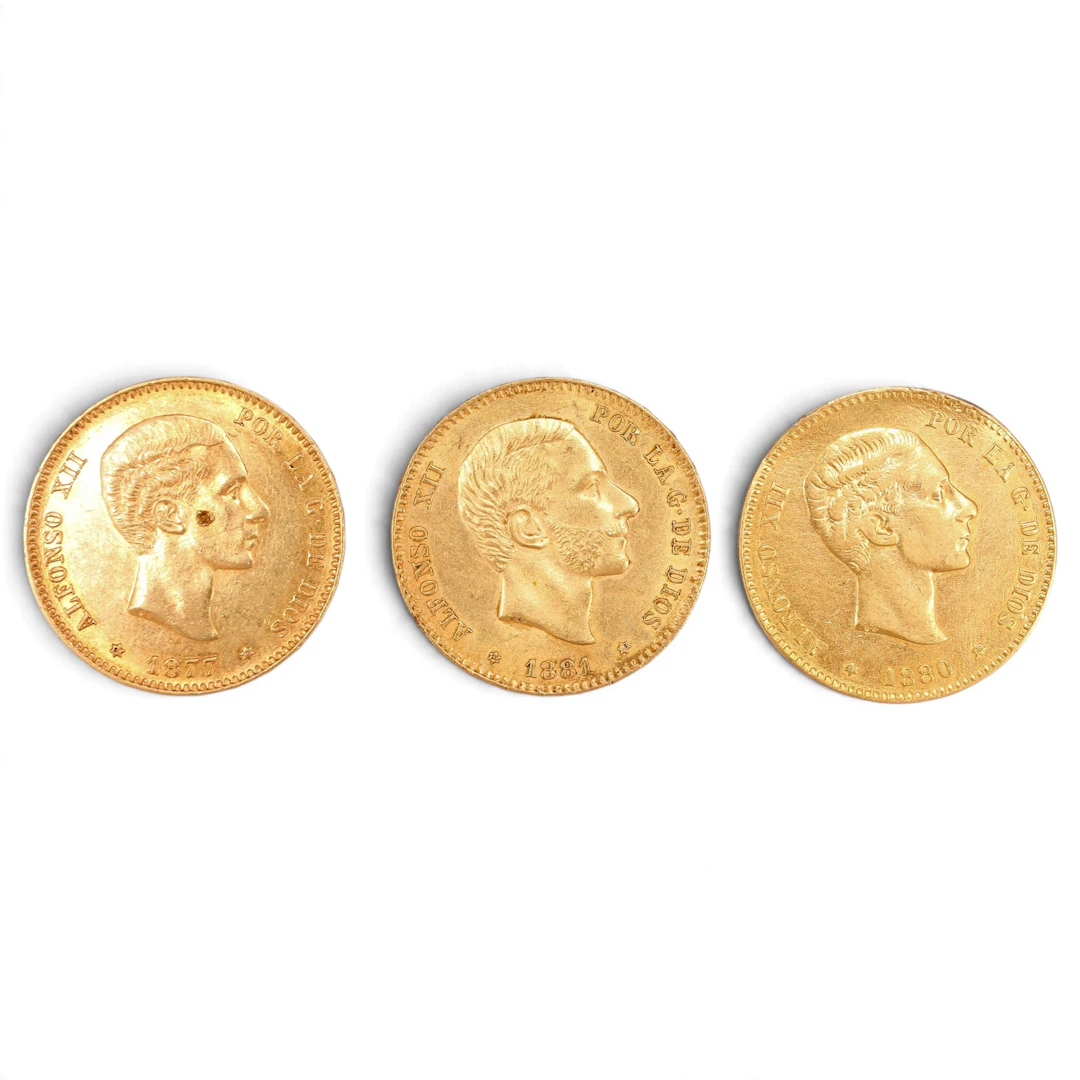 Three Spanish gold coins, 19th Century.