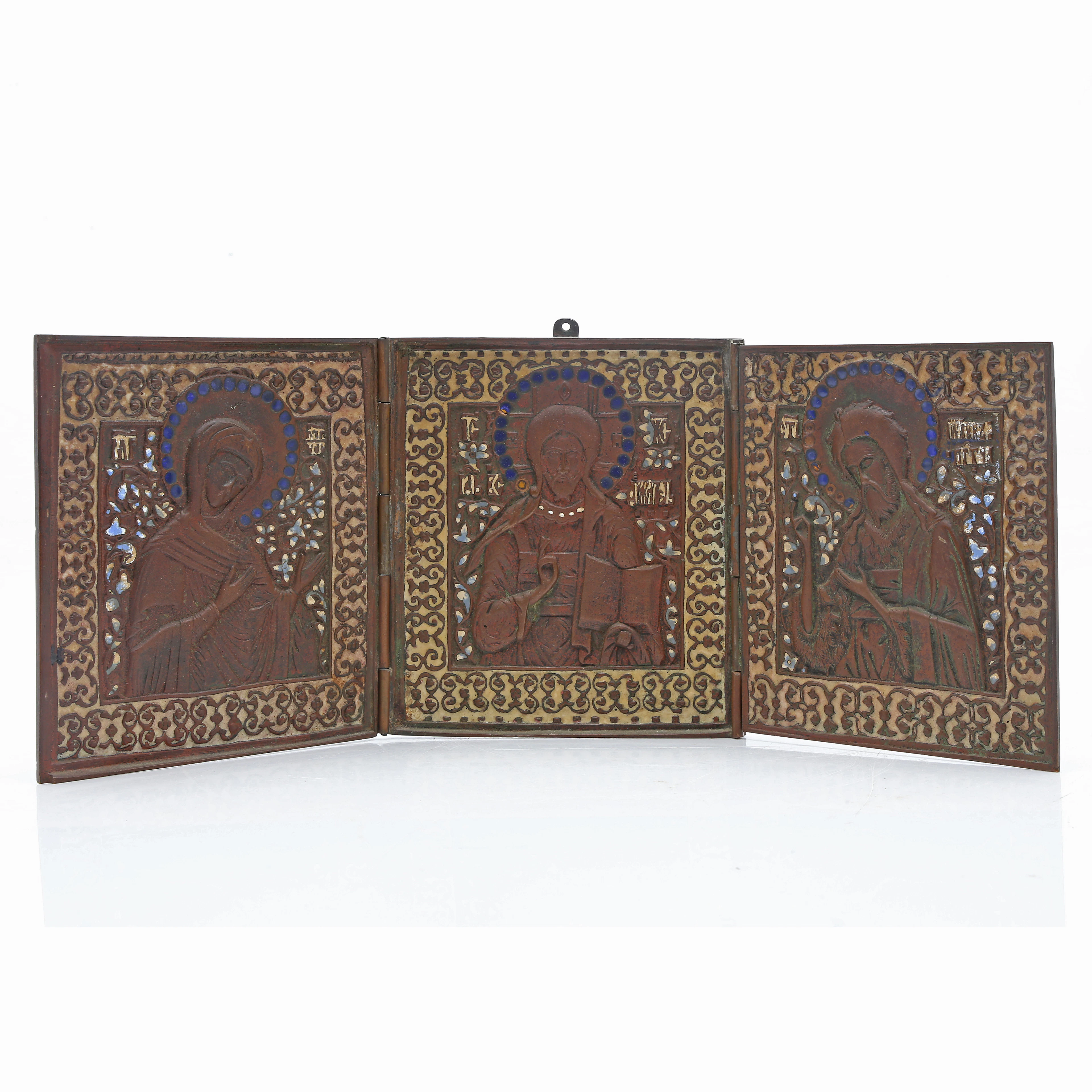 "Deisi", portable triptych icon in enamelled bronze, probably 19th Century.