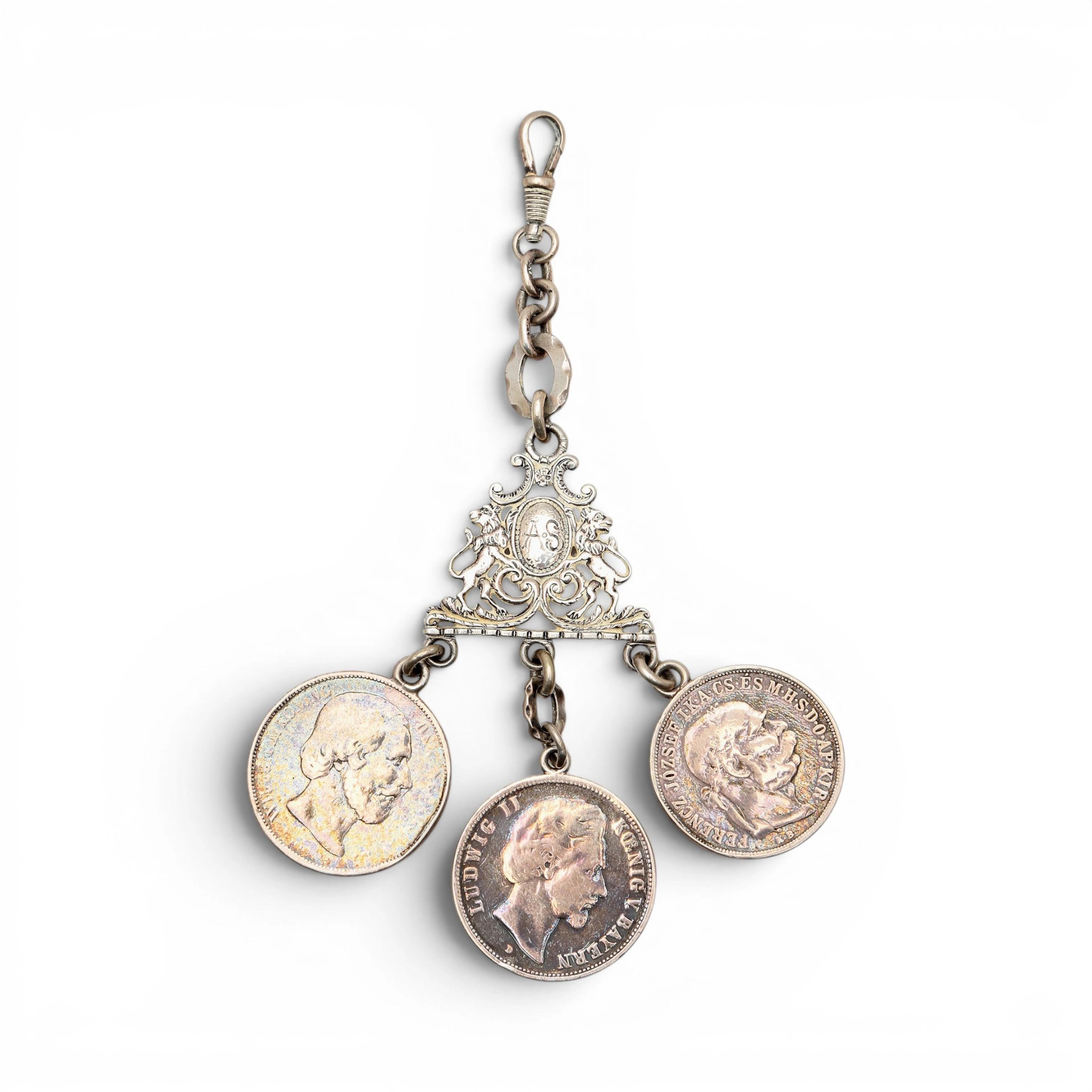 "CHÂTELAINE" in silver with three silver coin pendants of Ludwig II