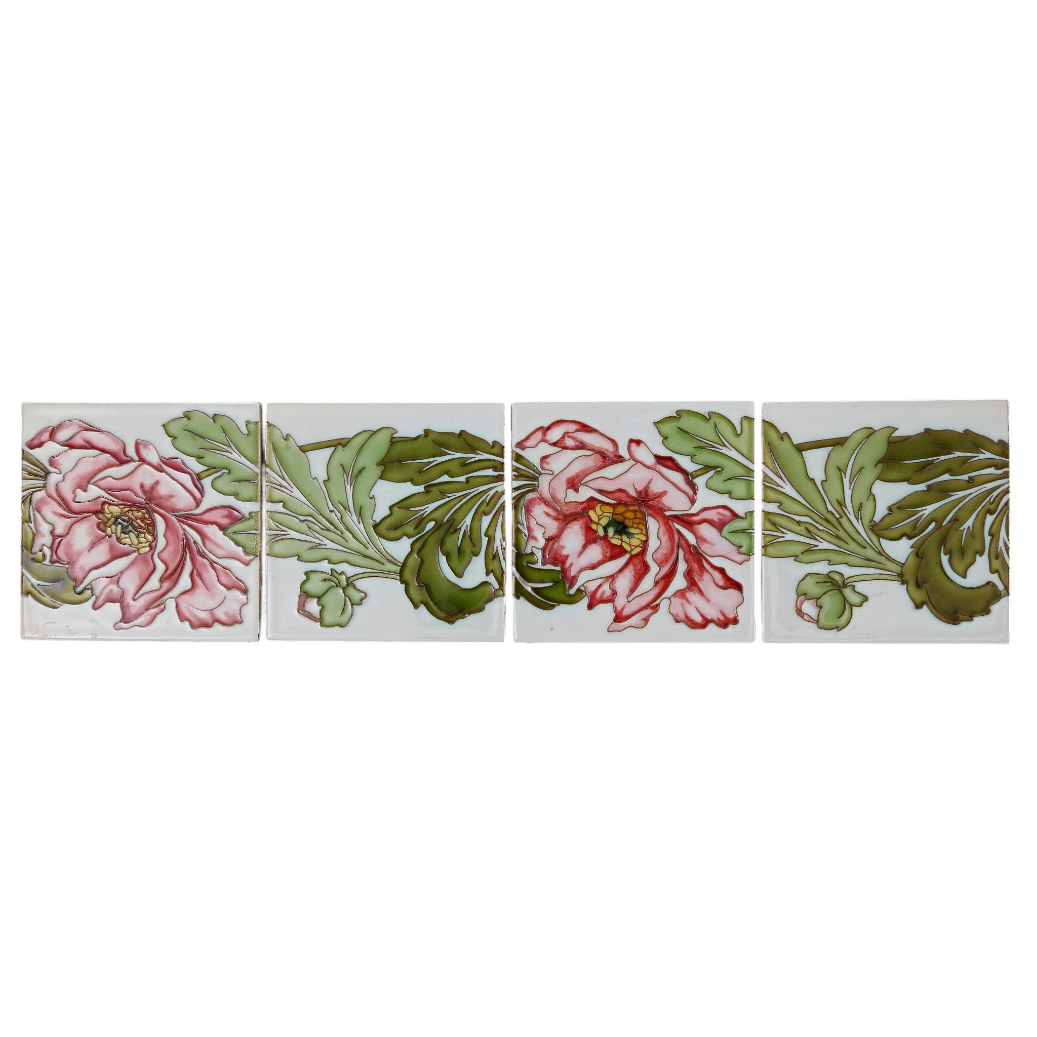 Set of four cuerda tiles with peonies, likely Belgian by Maison Helman
