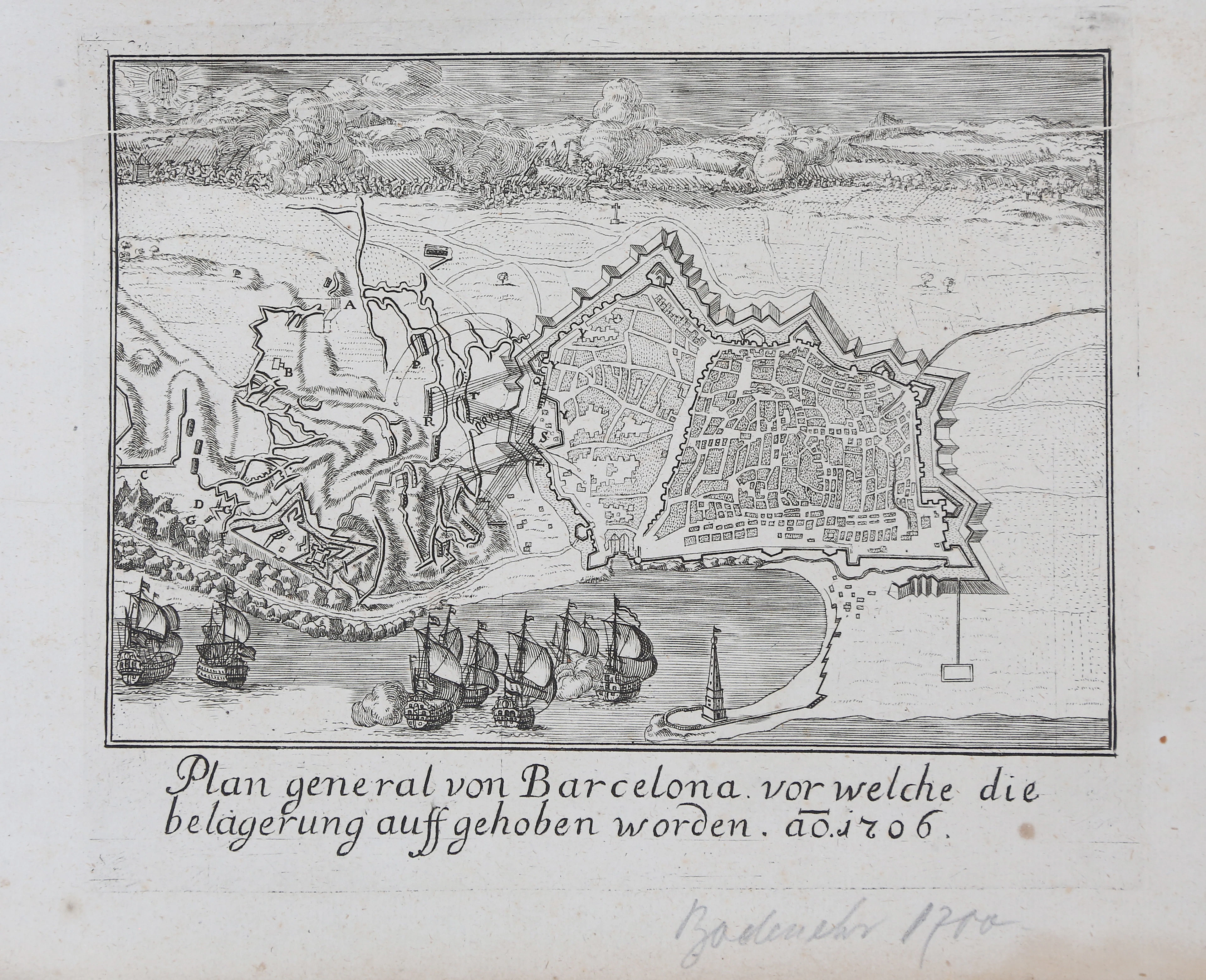 ANTON HEINSCHEIT. Map of Barcelona from 1706.