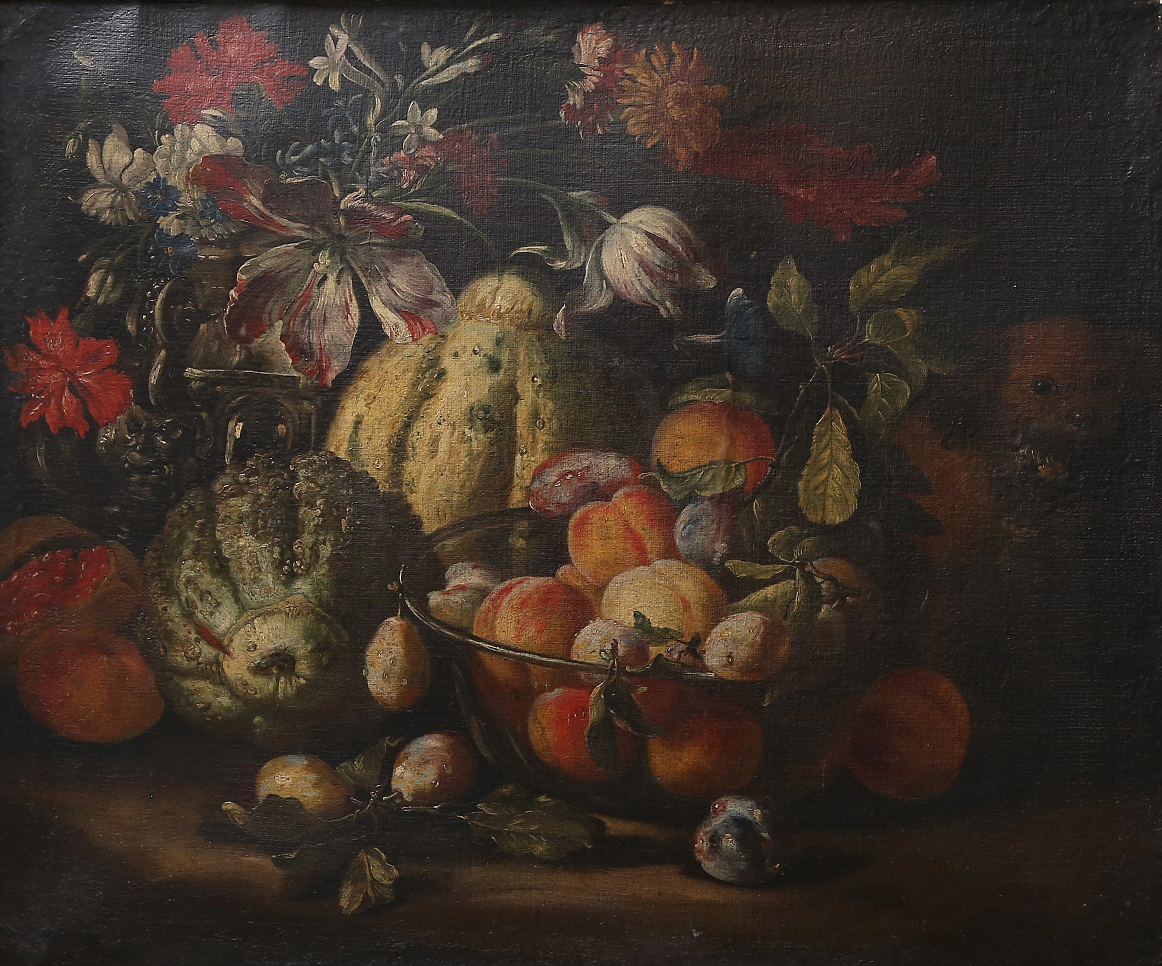 ABRAHAM BRUEGHEL. ATRIBUIDO. Vase and dog on a stone plinth.